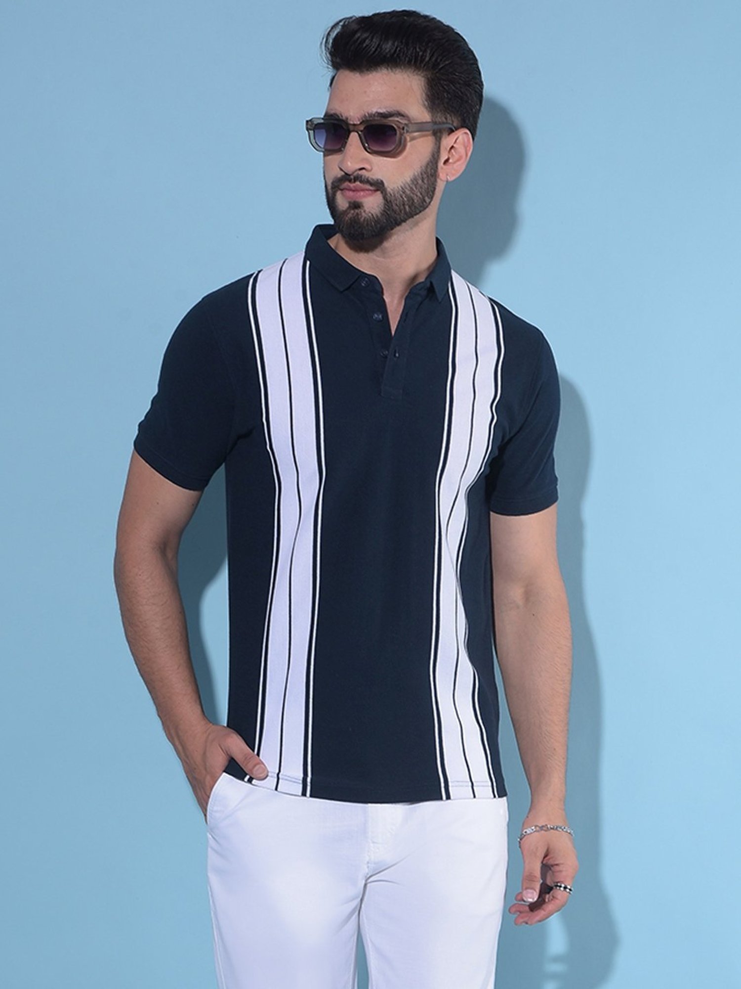 Crimsoune Club Navy Blue Cotton Slim Fit Striped Polo T-Shirt