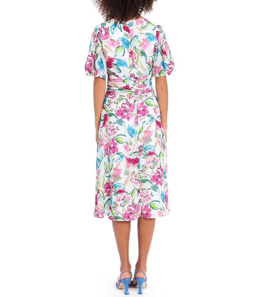 Maggy London Petite Size Floral Print V-Neck Ruched Waist Puffed Sleeve Midi Dress