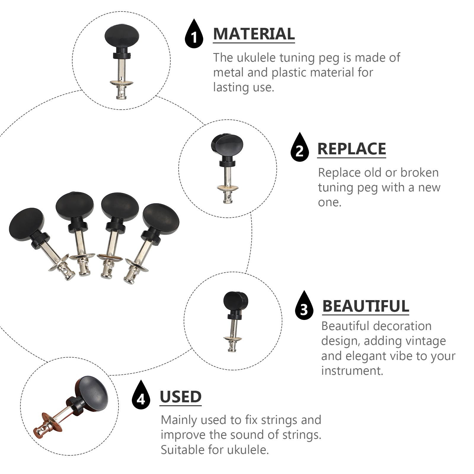 4pcs Useful Tuning Key Peg Ukulele Part Tuners String Tuning Pegs (Black)