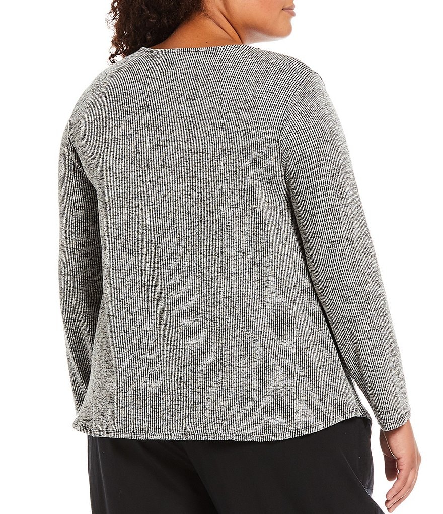 Ruby Rd. Plus Size Marled Rib Knit Ring Keyhole V-Neck Detail Long Sleeve Top