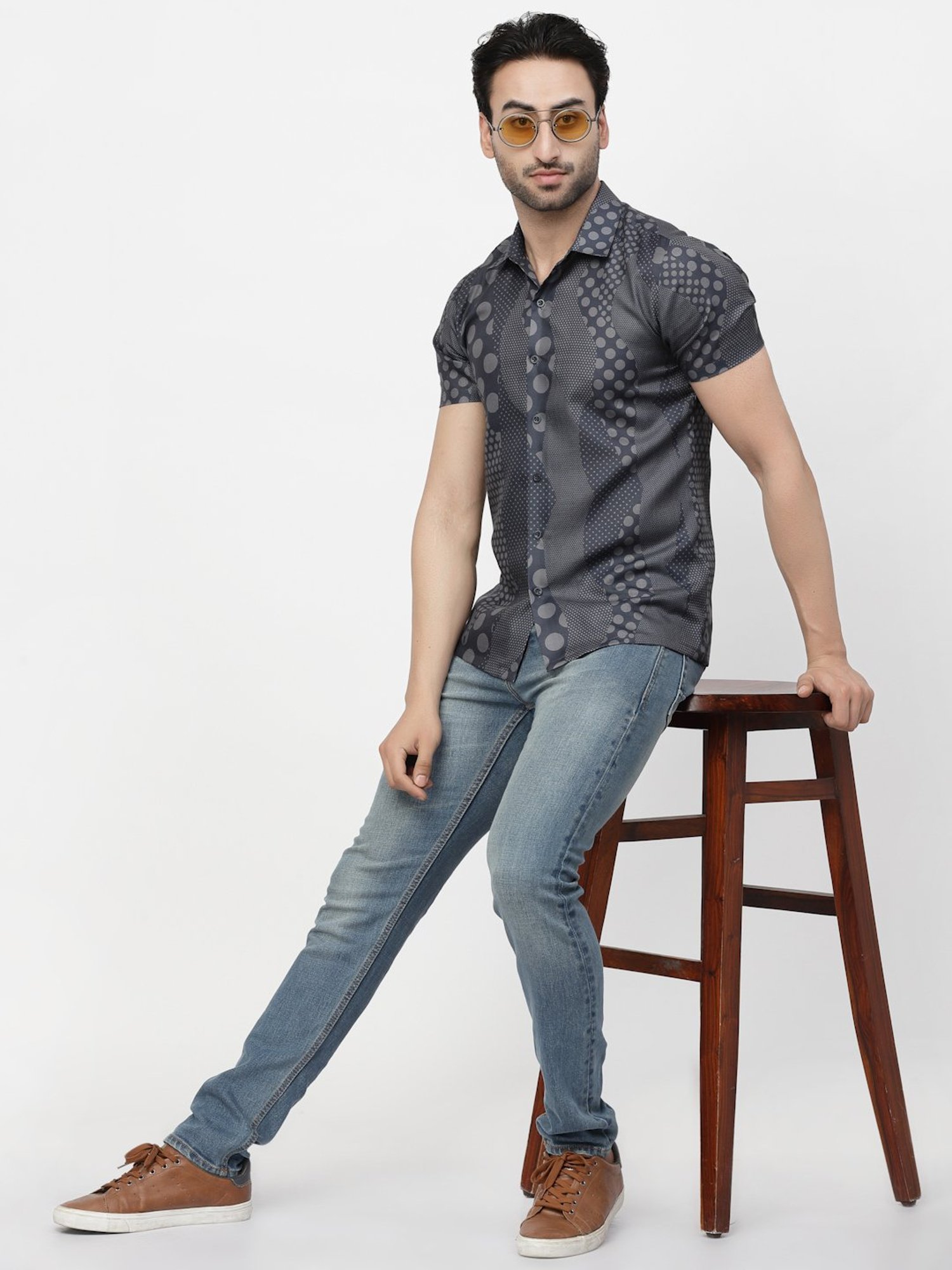Lela Slate Blue Regular Fit Printed Shirt