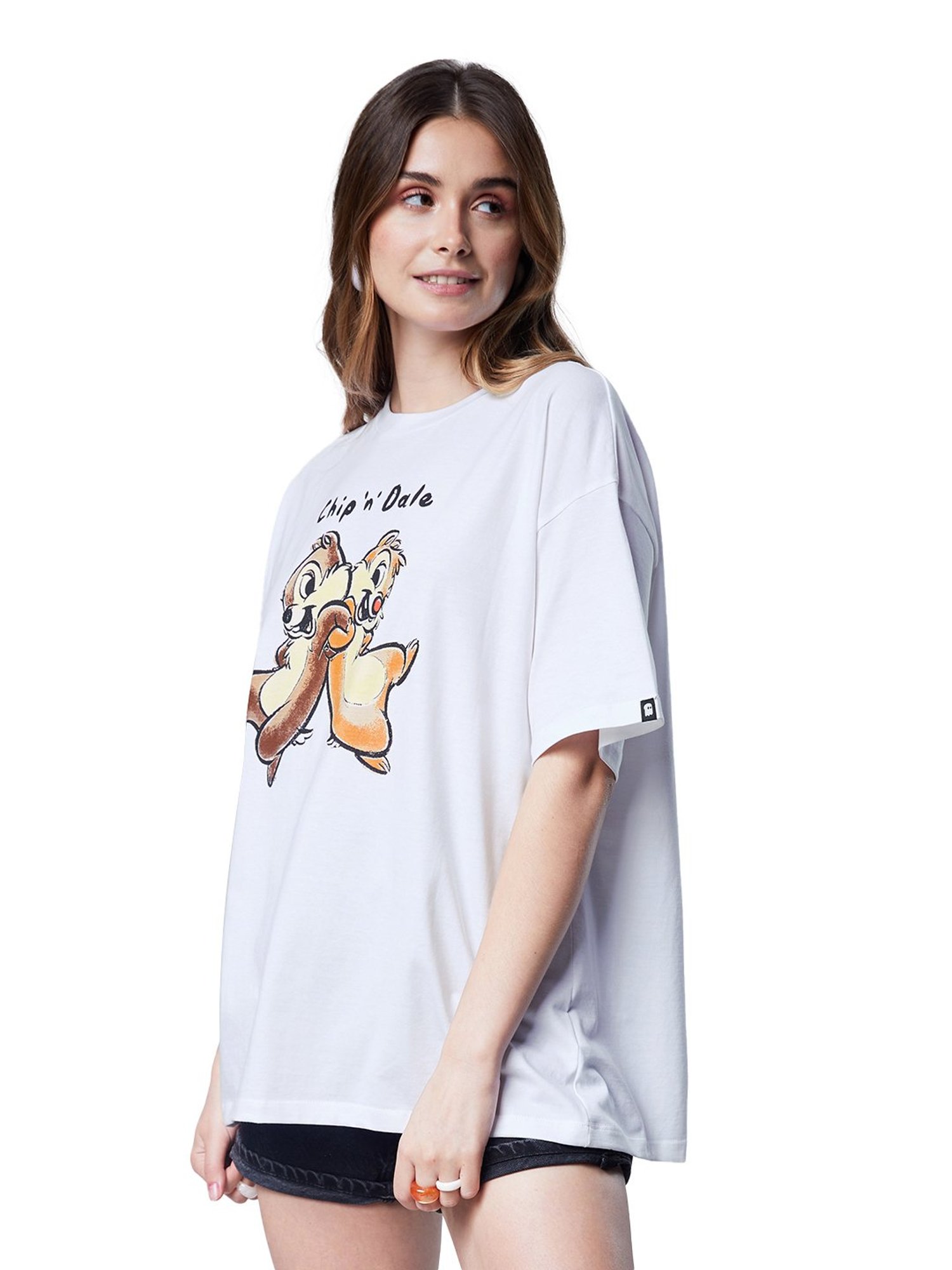 The Souled Store White Disney: Chip 'N' Dale Printed Oversized T-Shirt