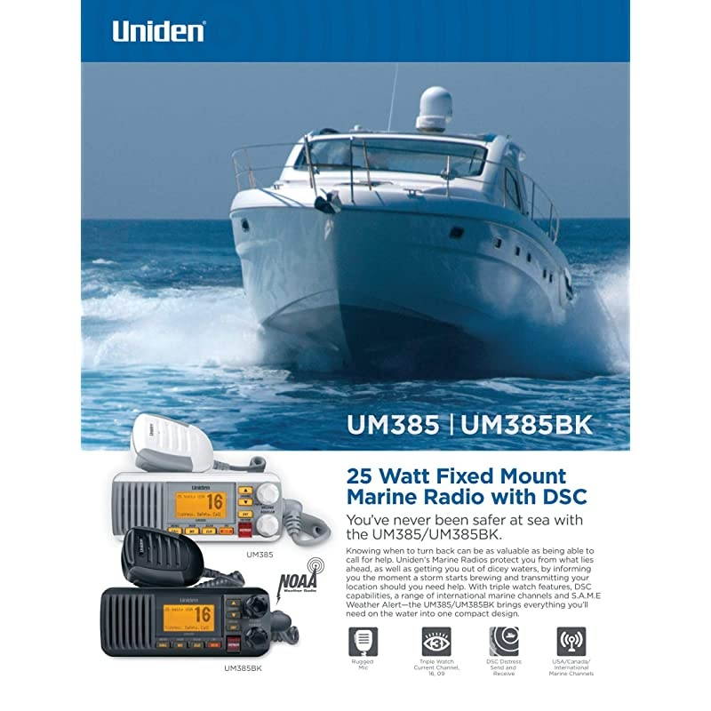 UM385 25 Watt Fixed Mount Marine Vhf Radio, Waterproof IPX4 with Triple Watch, Dsc, Emergency/Noaa Weather Alert, All Usa/International/Canadian Marine Channels, Memory Channel Scan, White