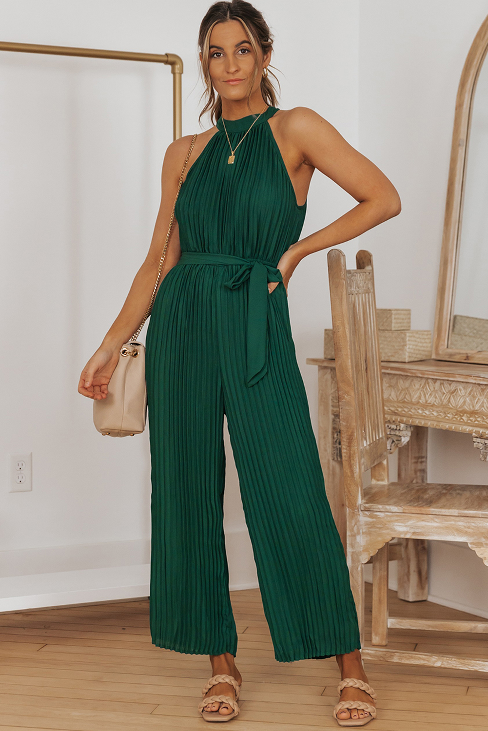 Rose Tan Solid Self Tied Straps Pleated Wide Leg Jumpsuit