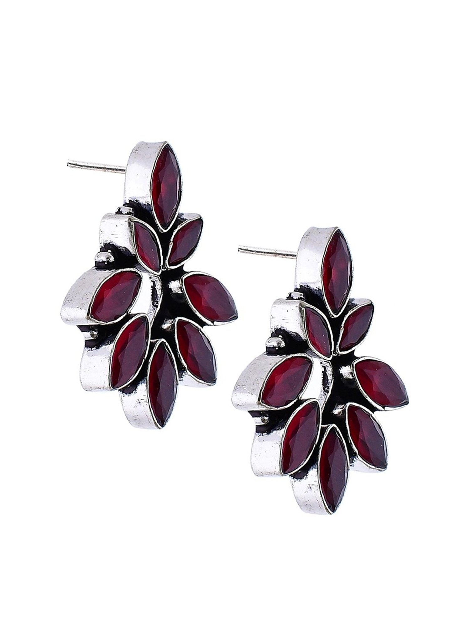 Imli Street Maroon Silver Tone Stone-Studded Handcrafted Stud Earrings