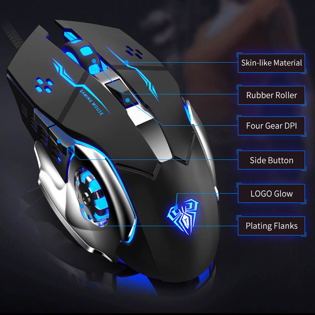 AULA S20 Wired Gaming Mouse 6 Macro Programming Buttons 2400 DPI USB Interface Backlit Ergonomic LED Optical Mice, Black