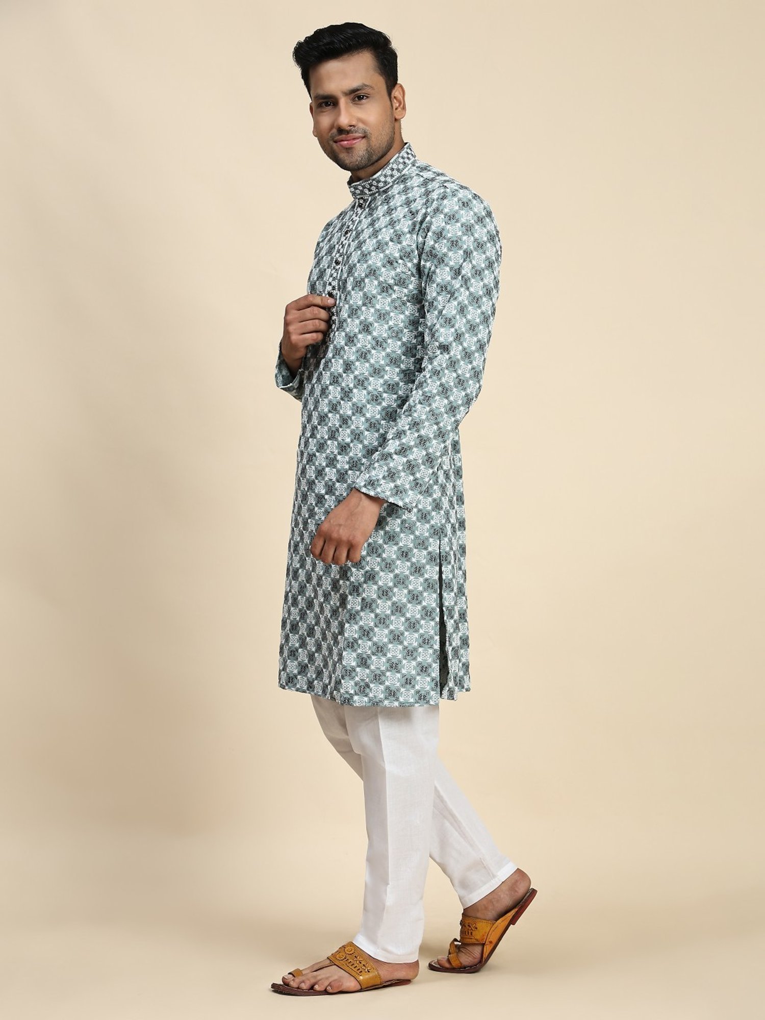 Pro-Ethic Style Developer Firozi & White Cotton Regular Fit Embellished Kurta Bottom Set