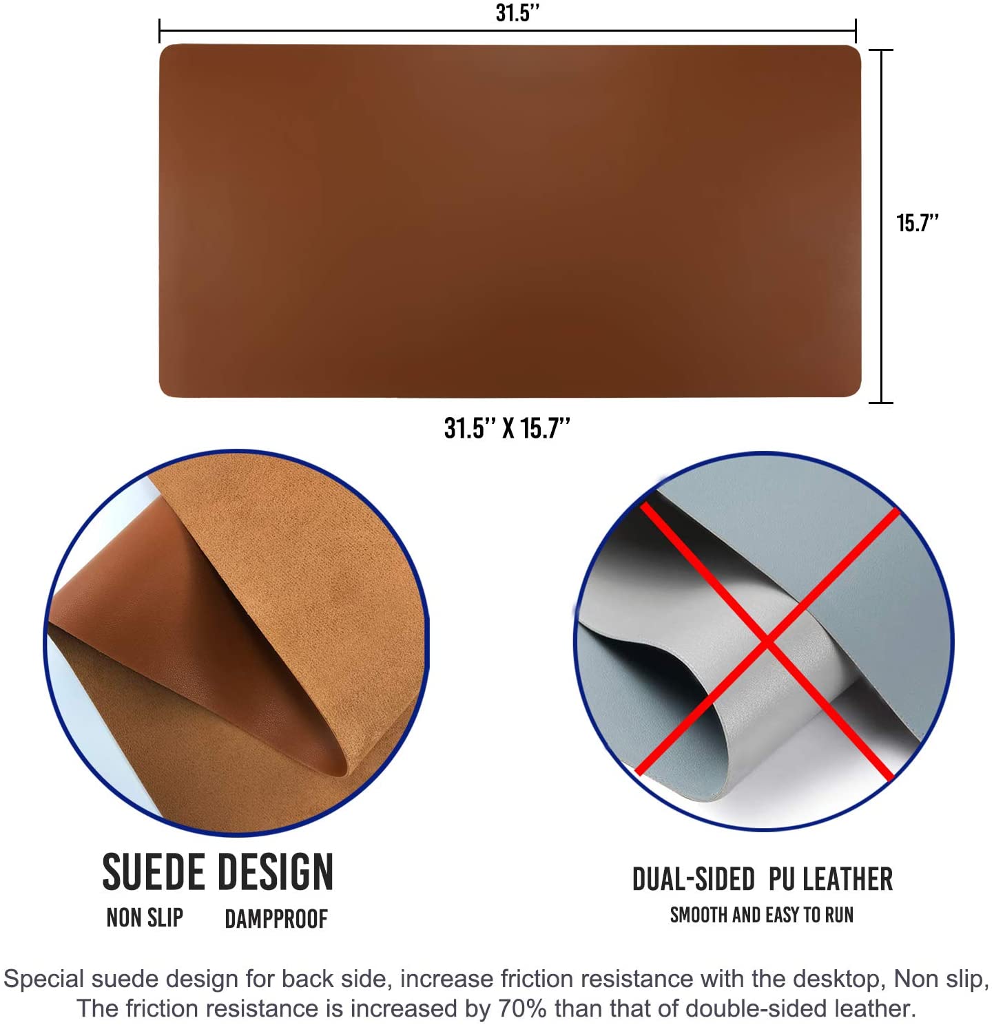 Leather Desk Pad Protector,Mouse Pad,Office Desk Mat,31.5" x 15.7" Non-Slip PU Leather Desk Blotter,Laptop Desk Pad,Waterproof Desk Writing Pad for Office and Home - Black