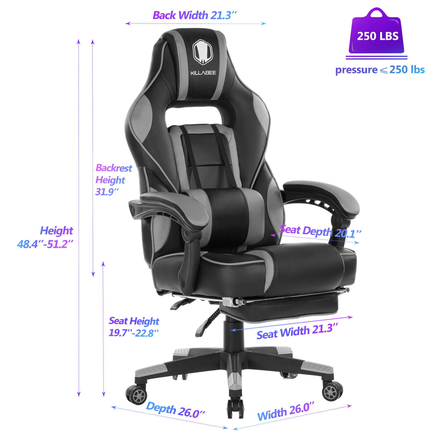KILLABEE Massage Gaming Chair High Back PU Leather PC Racing Computer Desk Office Swivel Recliner with Retractable Footrest and Adjustable Lumbar Support