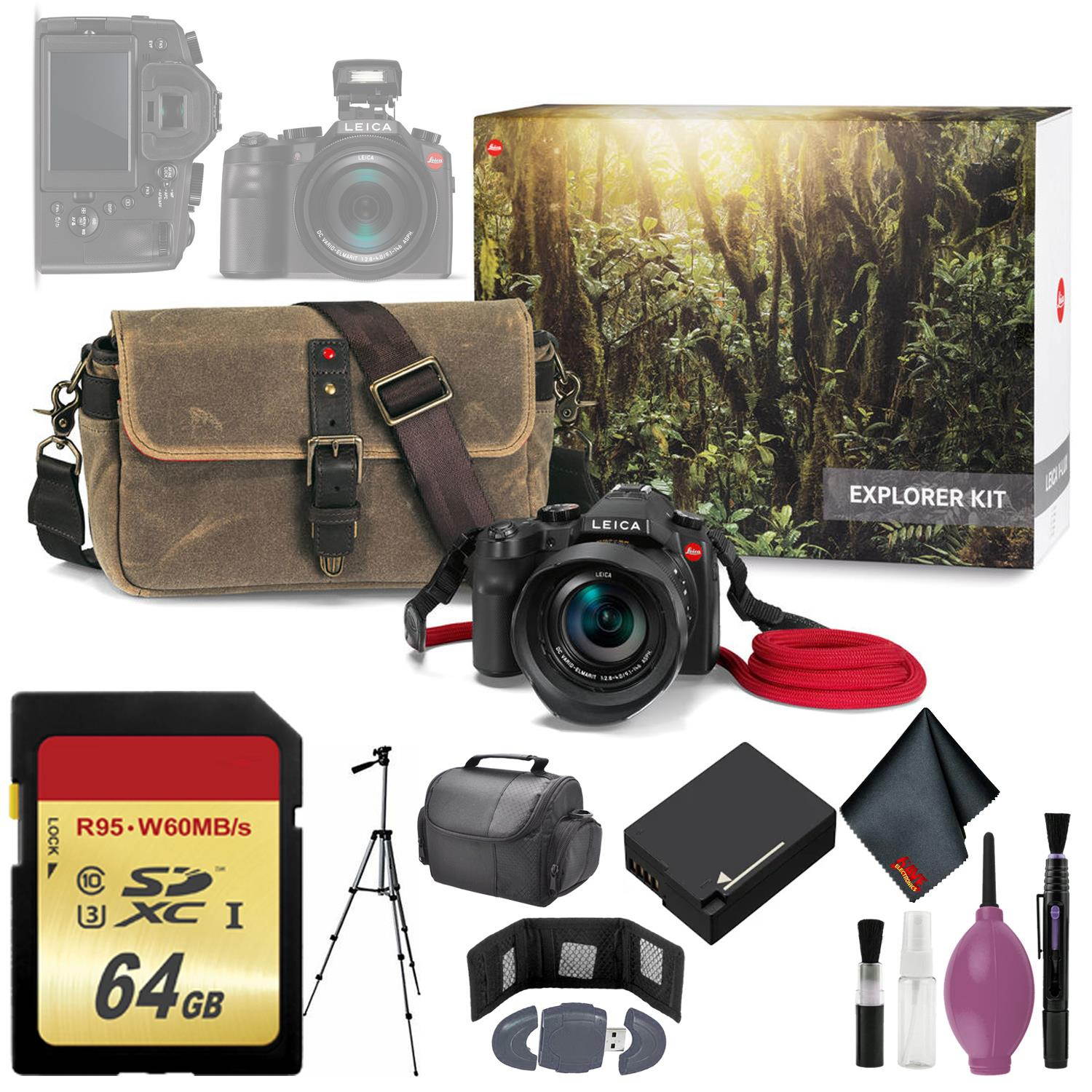 Leica V-LUX (Typ 114) Digital Camera Explorer Kit - 64GB - Memory Card Wallet - Reader - Battery - 72" Tripod - Case