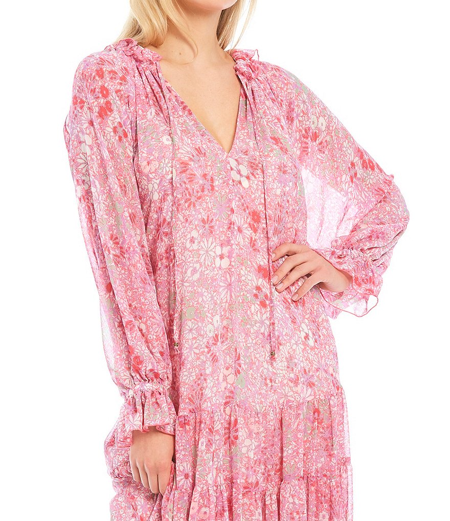 Free People Feeling Groovy Long Sleeve Tiered Ruffle Hem Summer Pink Floral Print Midi Swing Dress