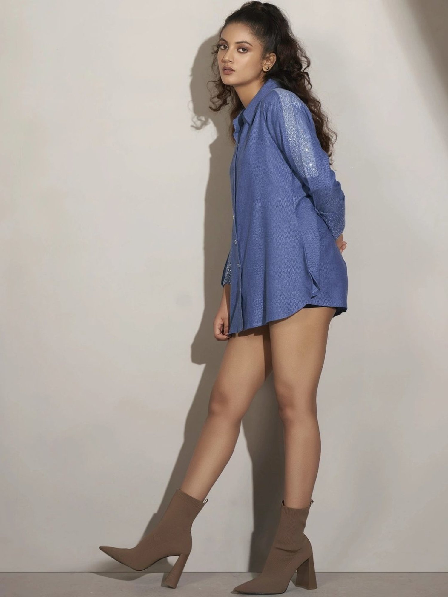 Kaftanize Blue Self Twill Texture Rhinestone Work Kameez Shirt