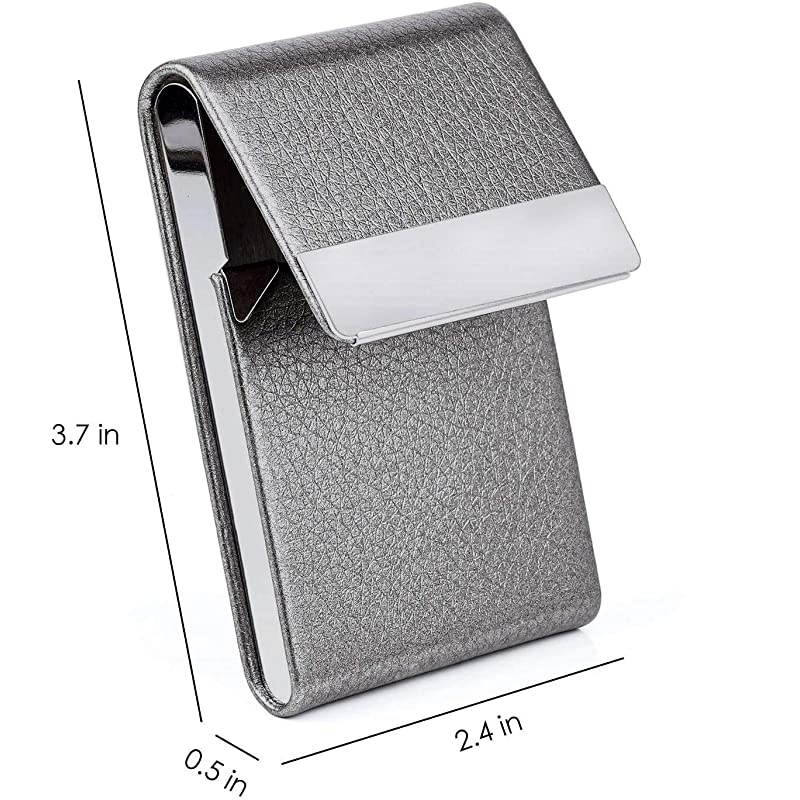 Leather Business Card Case Slim Business Card Holder Professional Name Card Holder with Magnetic Shut Grey
