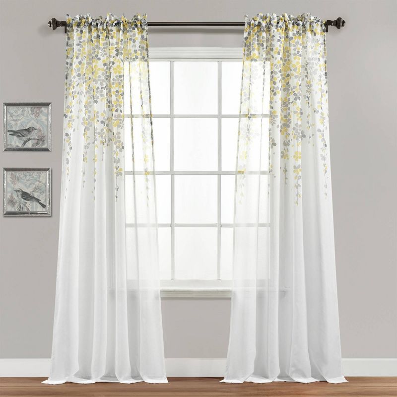 Set of 2 (84"x38") Weeping Flower Sheer Window Curtain Panels Yellow/Gray - Lush Décor