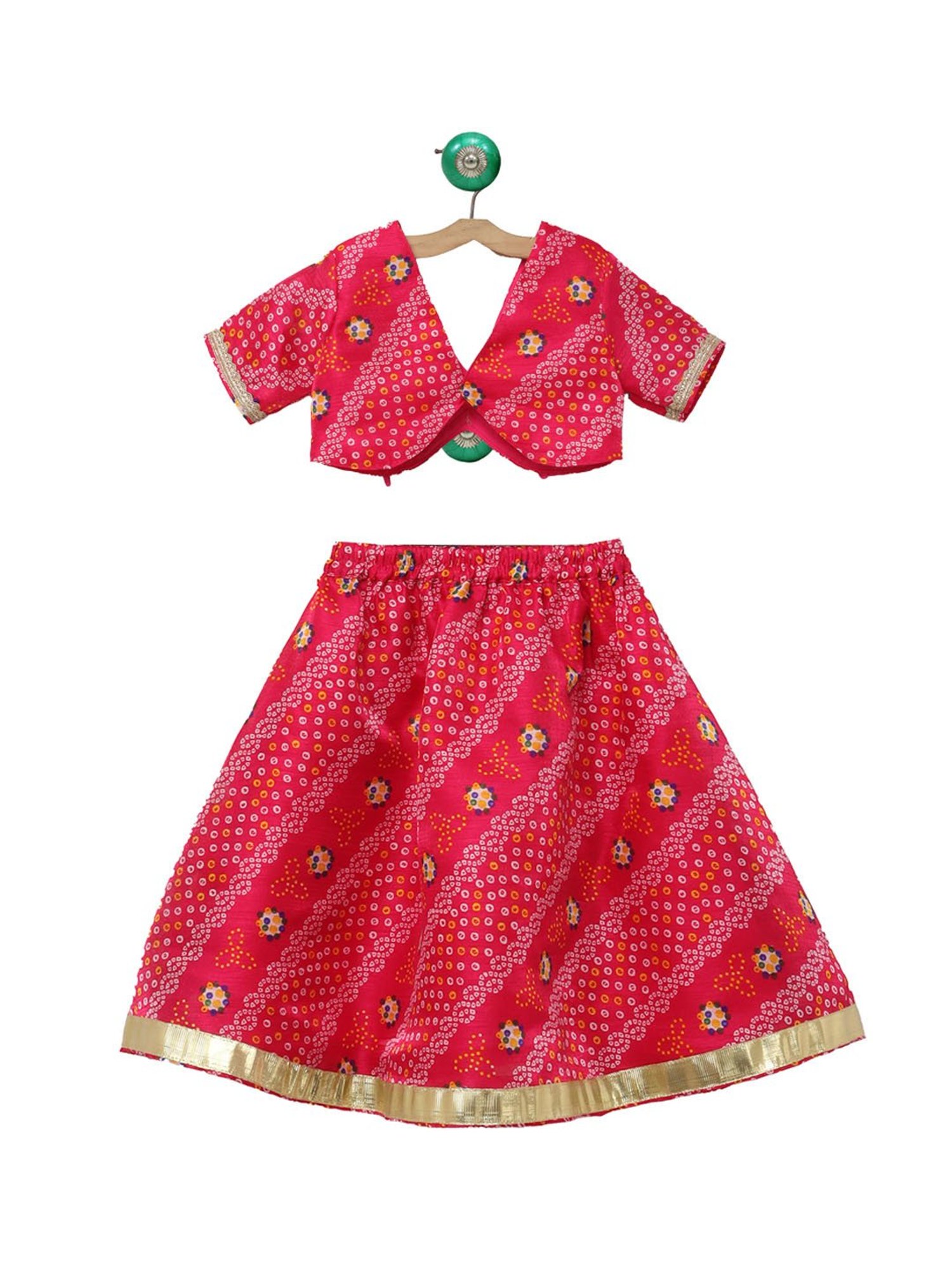 Many Frocks Kids Pink Printed Lehenga with Choli and Dupatta