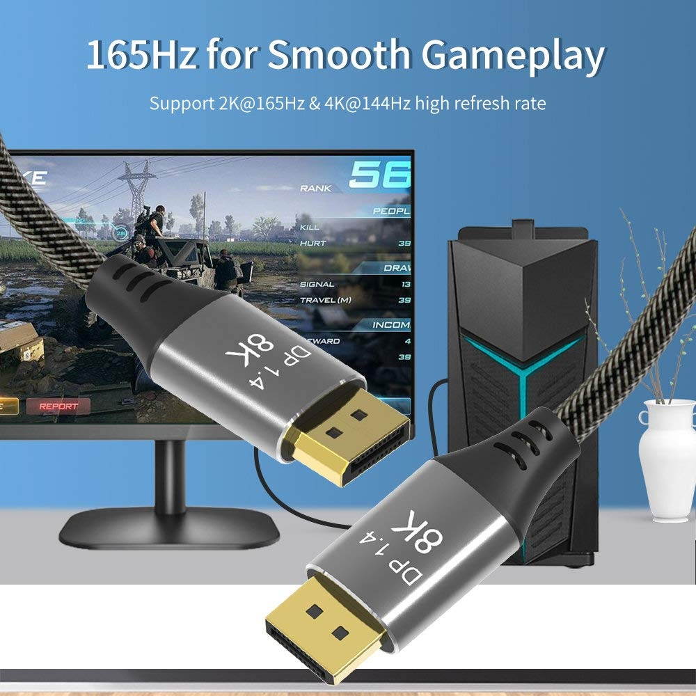 CABLEDECONN DisplayPort Cable Ultra HD 8K 4K Copper Cord DP 1.4 HBR3 8K@60Hz 4K@144Hz High Speed 32.4Gbps HDCP 3D Slim and Flexible DP to DP Cable 1M 3.3FT