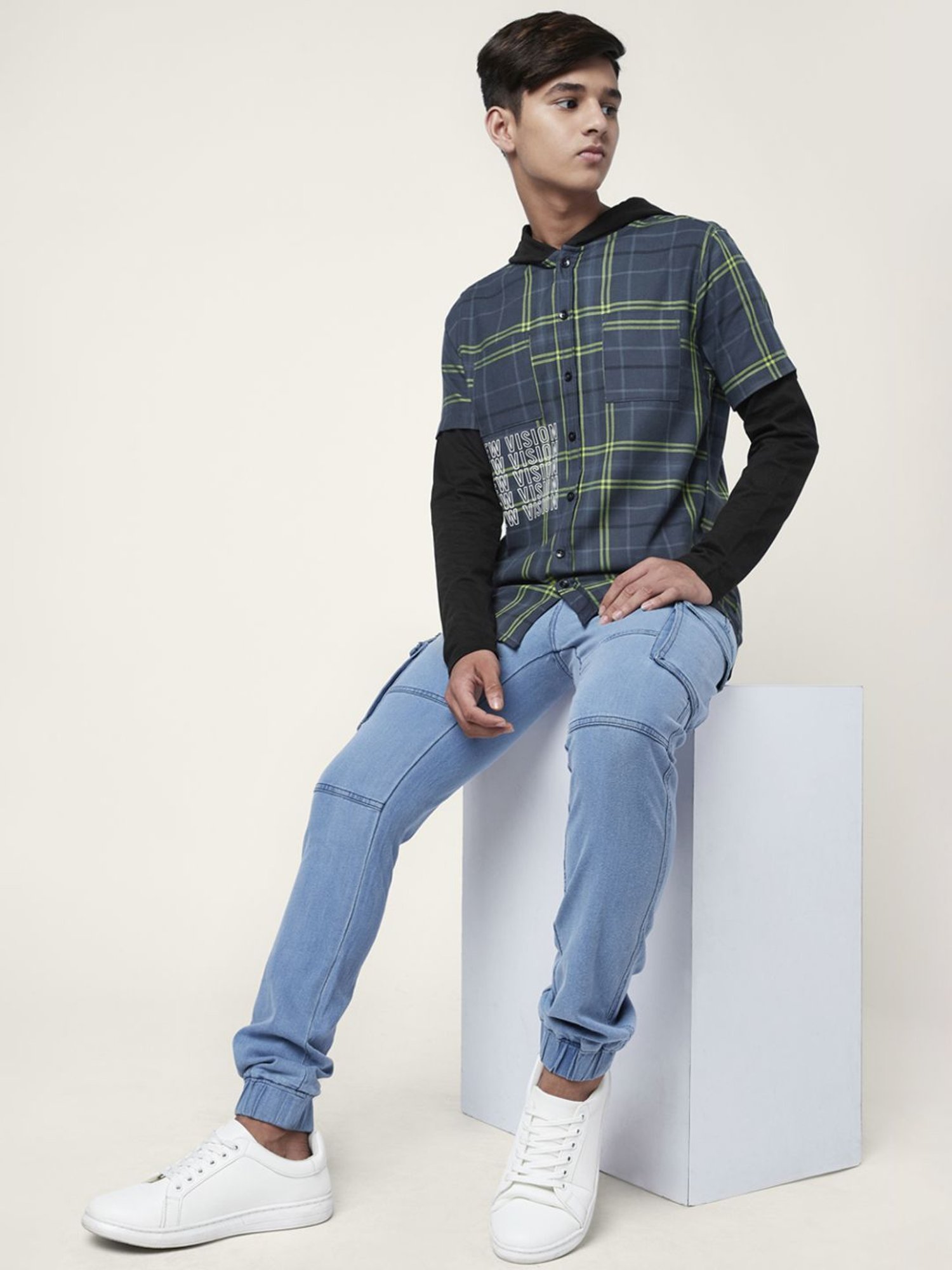 Coolsters by Pantaloons Kids Blue & Green Cotton Chequered Full Sleeves Shirt