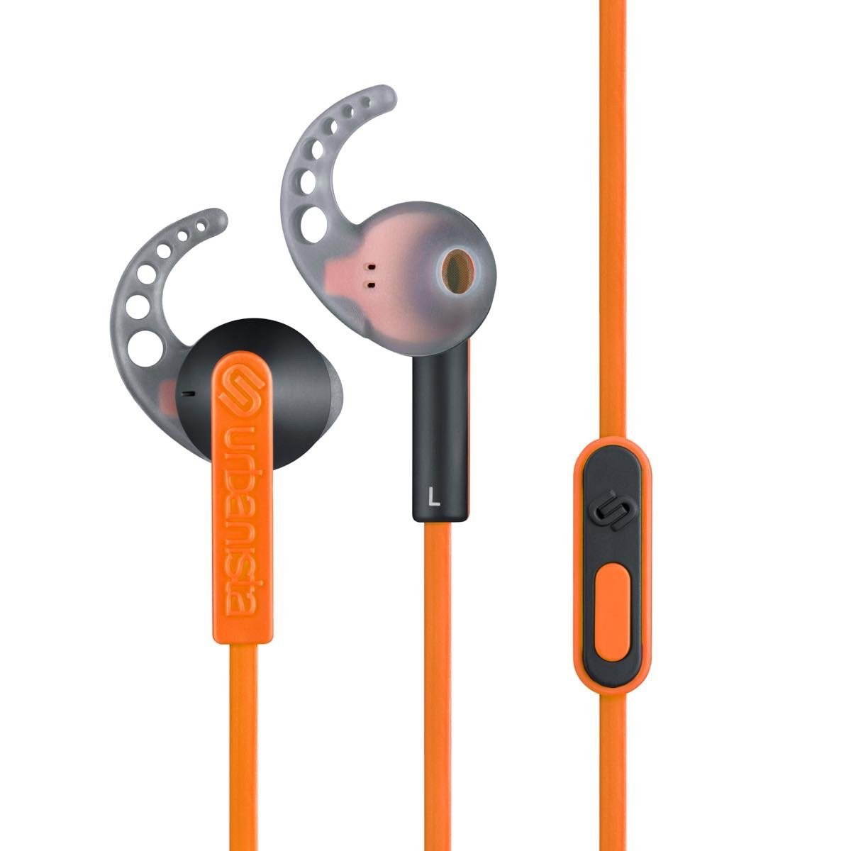 Urbanista Rio Sport Earphones with GoFit Silicone Wings, Remote and Mic in Sunset Boulevard Orange