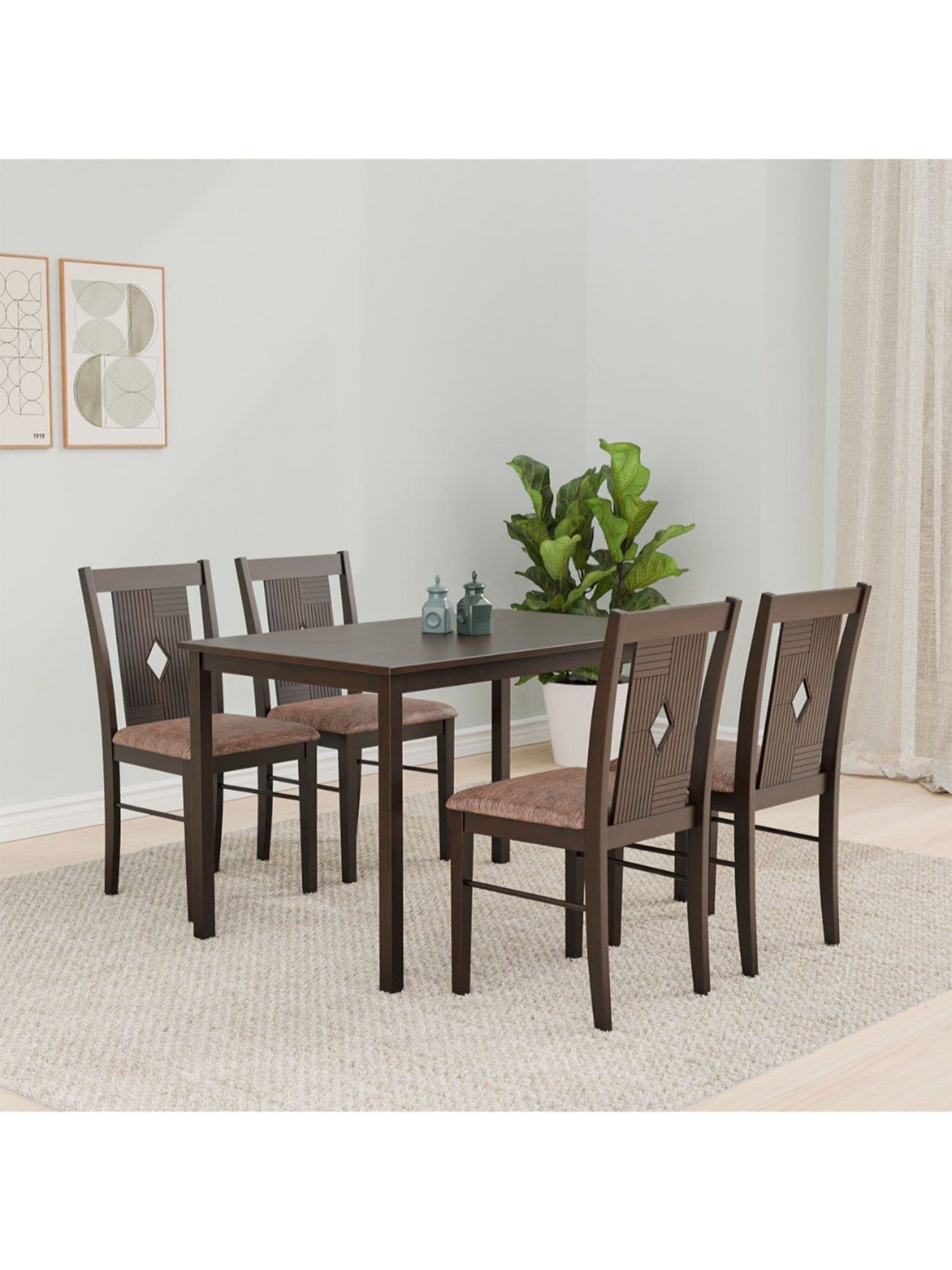 Ikiriya Kingston Printed Brown & Blue Wood 4 Seater Dining Table Set Teak Finish