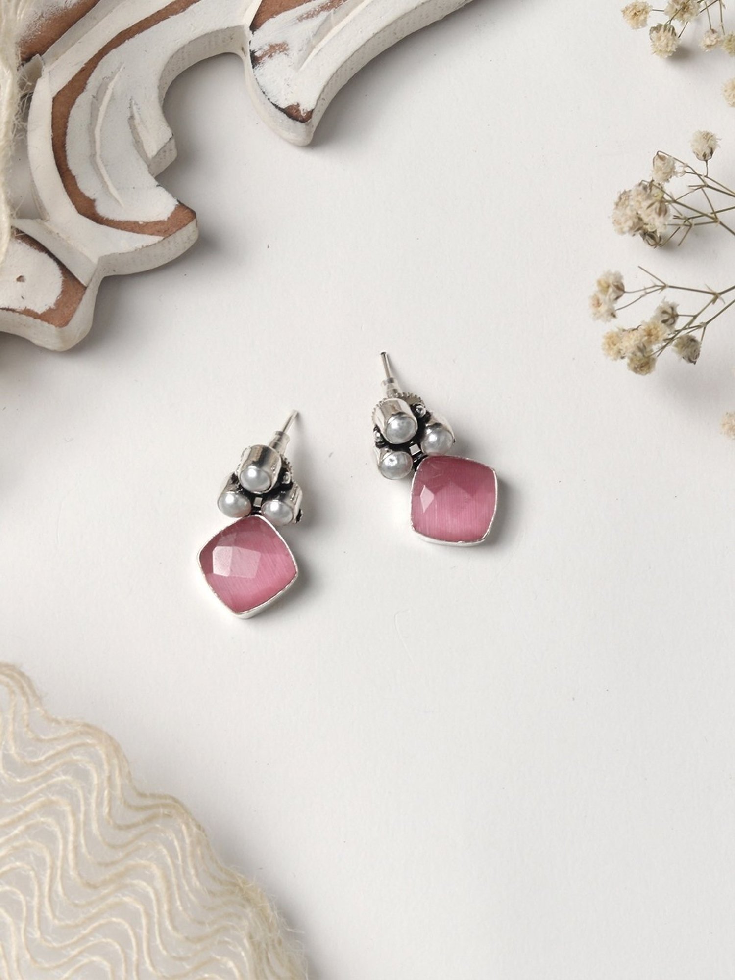Teejh Ethnic Delisha Pink Stone Silver Oxidized Drop Earrings