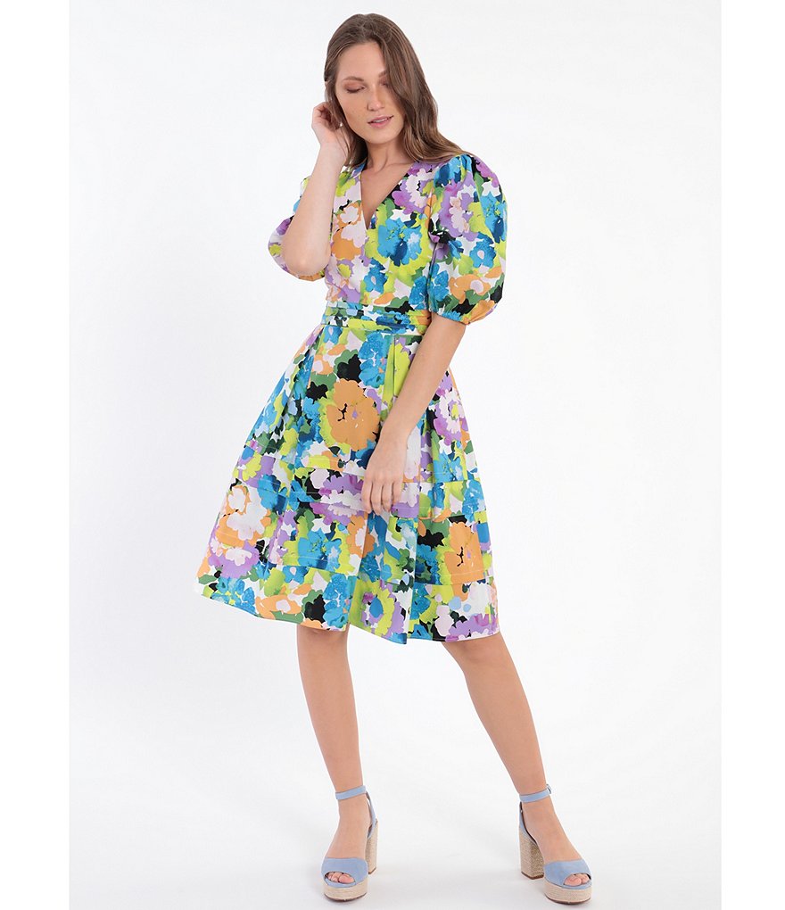 Donna Morgan Puff Sleeve Floral Print Stretch Cotton Poplin Fit & Flare Dress