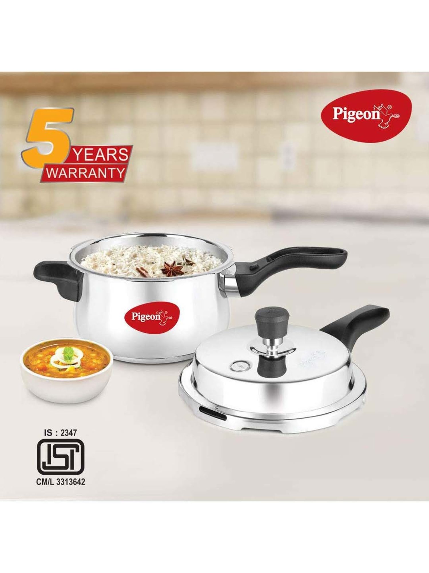 Pigeon Silver Stainless Steel Induction Inox Plus Pressure Cooker With Outer Lid (3 L)