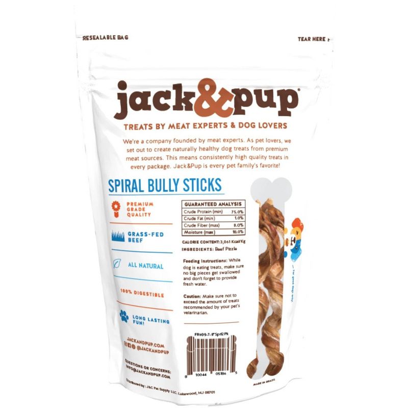 Jack&Pup Spiral Bully Beef Sticks Dog Treats - 7" to 8" Dog Treats - 2pk