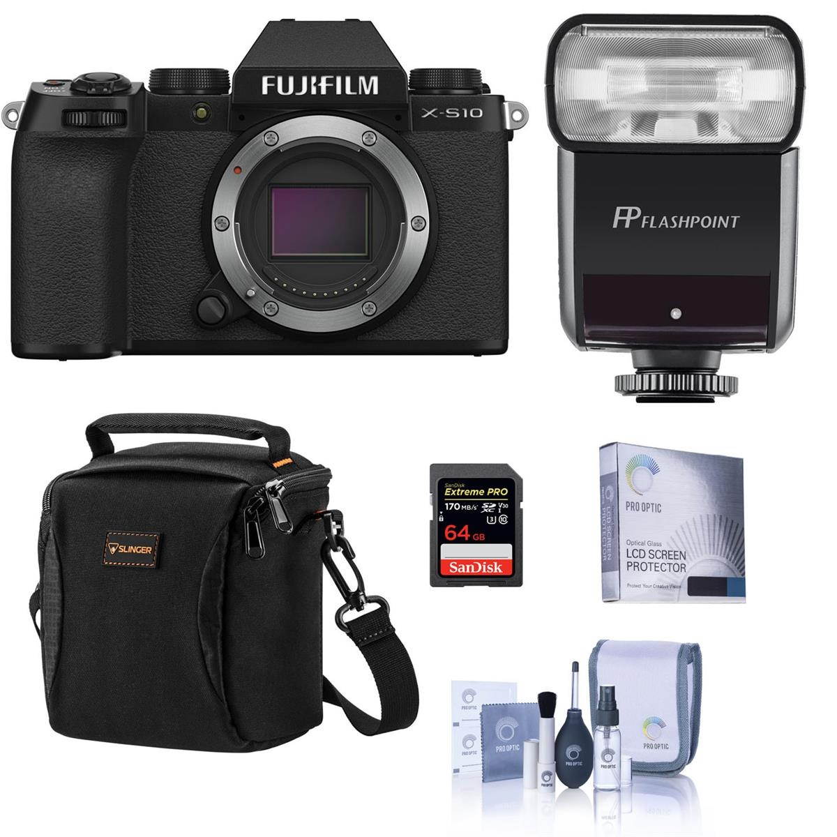 Fujifilm X-S10 Mirrorless Camera, Black (Body Only) with Flash Kit & Accessories
