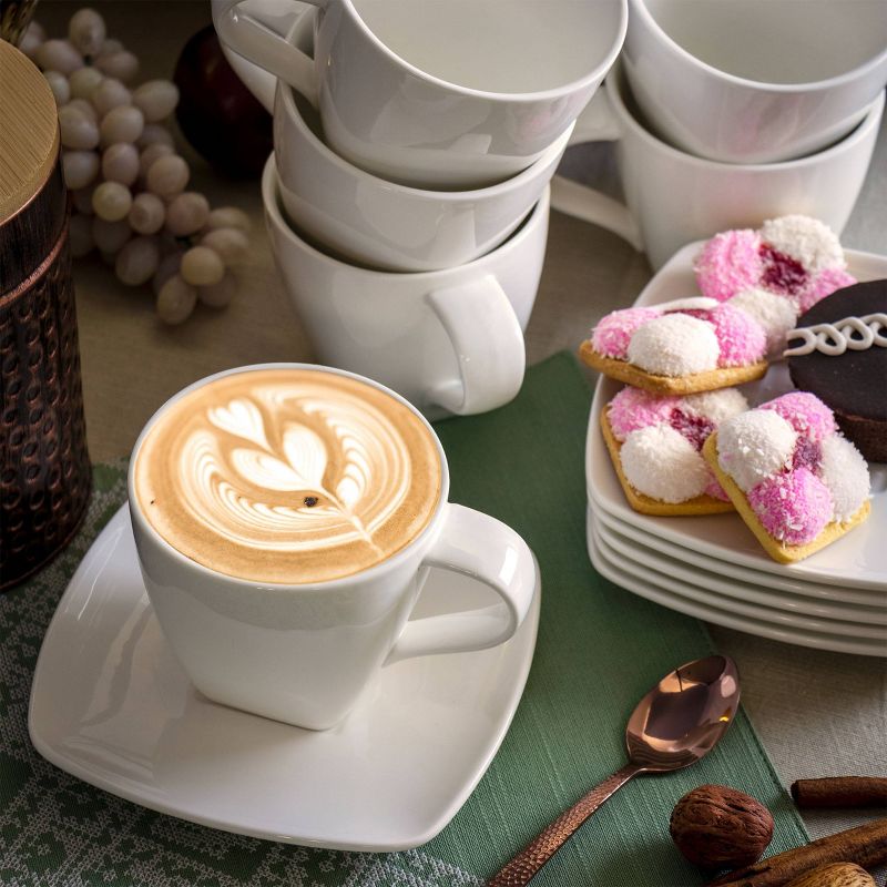 10oz 12pc Porcelain Market Square Cup and Saucer Set White - Elama