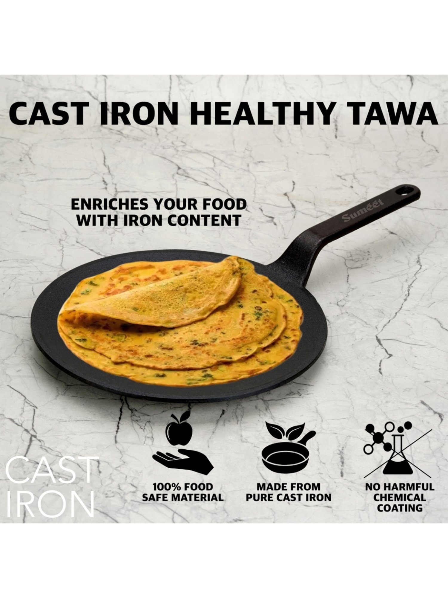 Sumeet Gold Series Pre Seasoned Cast Iron Concave Tawa for Roti 27cm 1.8kg, Gas & Induction-Friendly