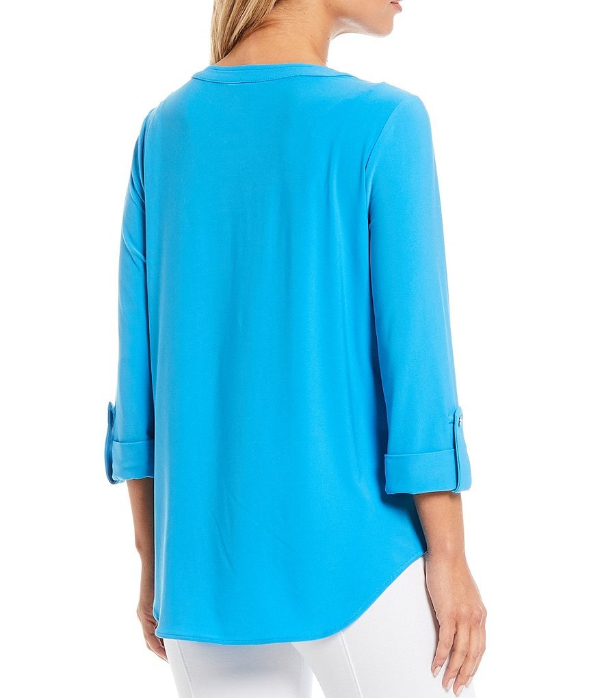 Slim Factor By Investments 3/ 4 Roll-Tab Sleeve V-Neck Lace Up Top