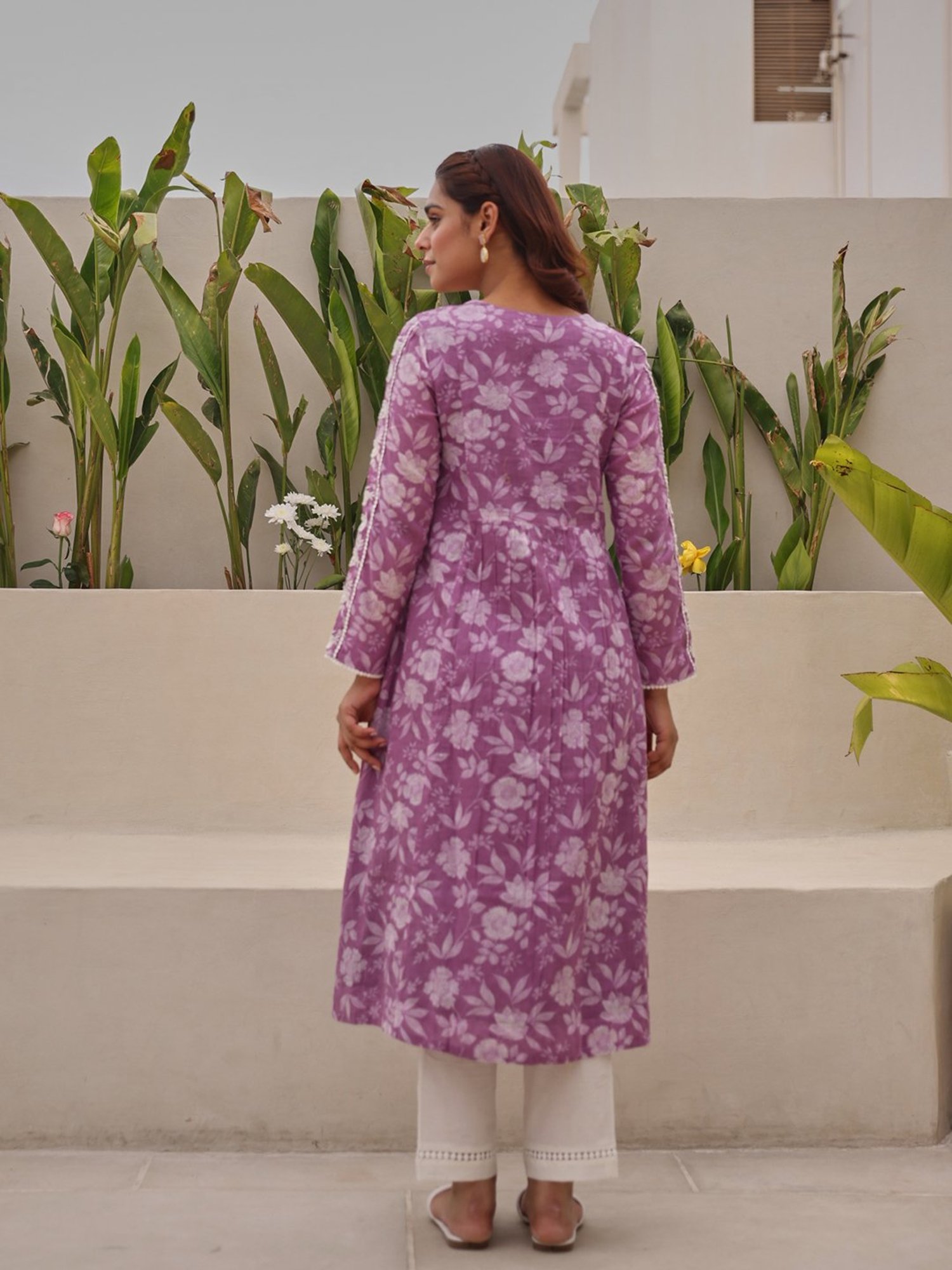 Ekohum Lavender Cotton Embroidered A Line Kurta