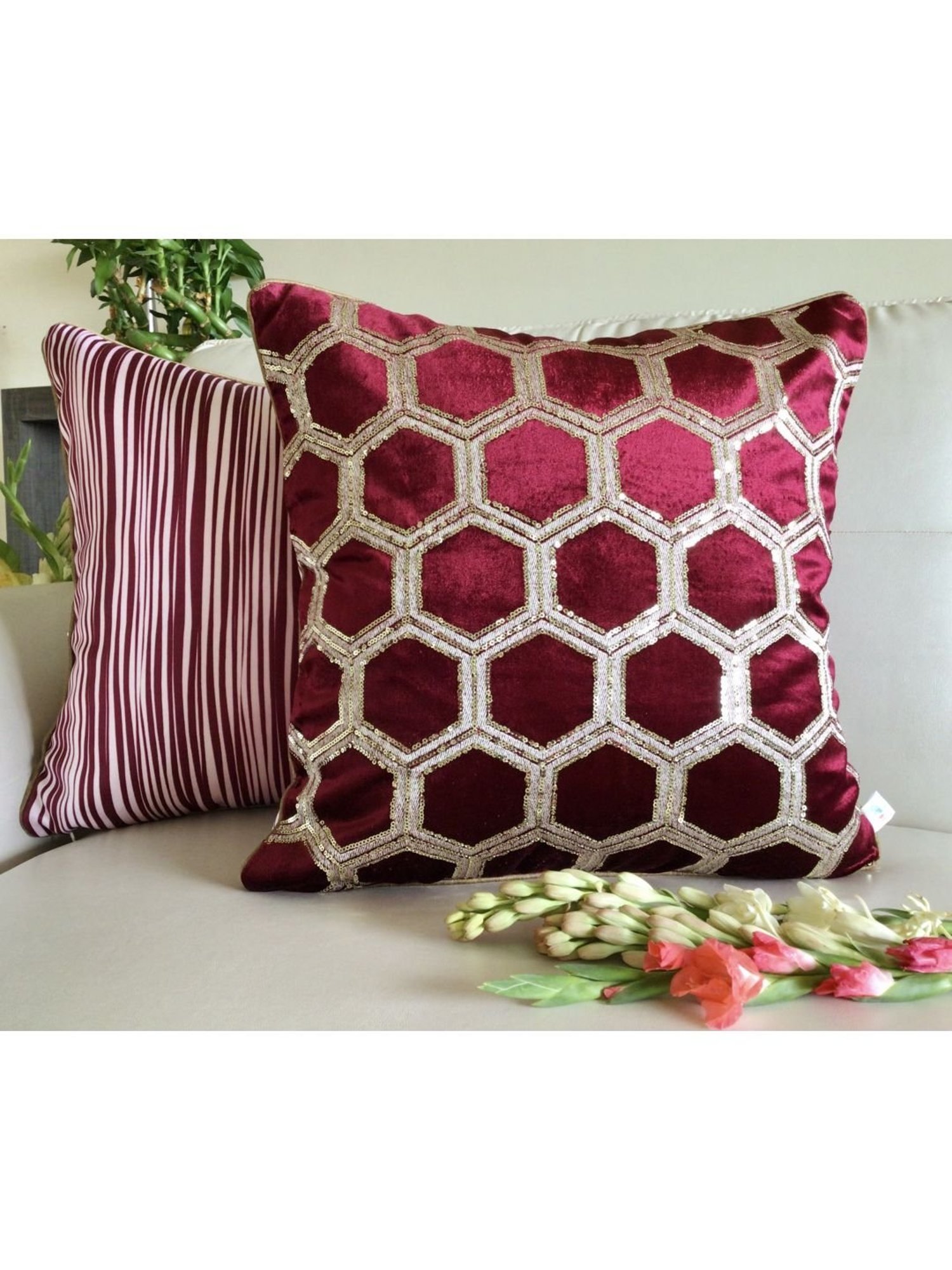 TARA Sparkling Homes Maroon Embroidered Luxury Velvet Cushion Cover - Set of 1