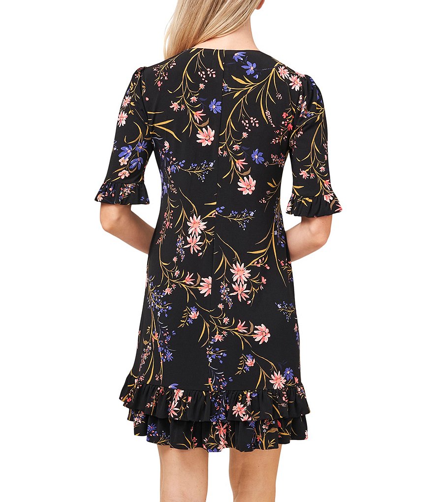 CeCe Ruffled Short Sleeve Floral Knit Dress