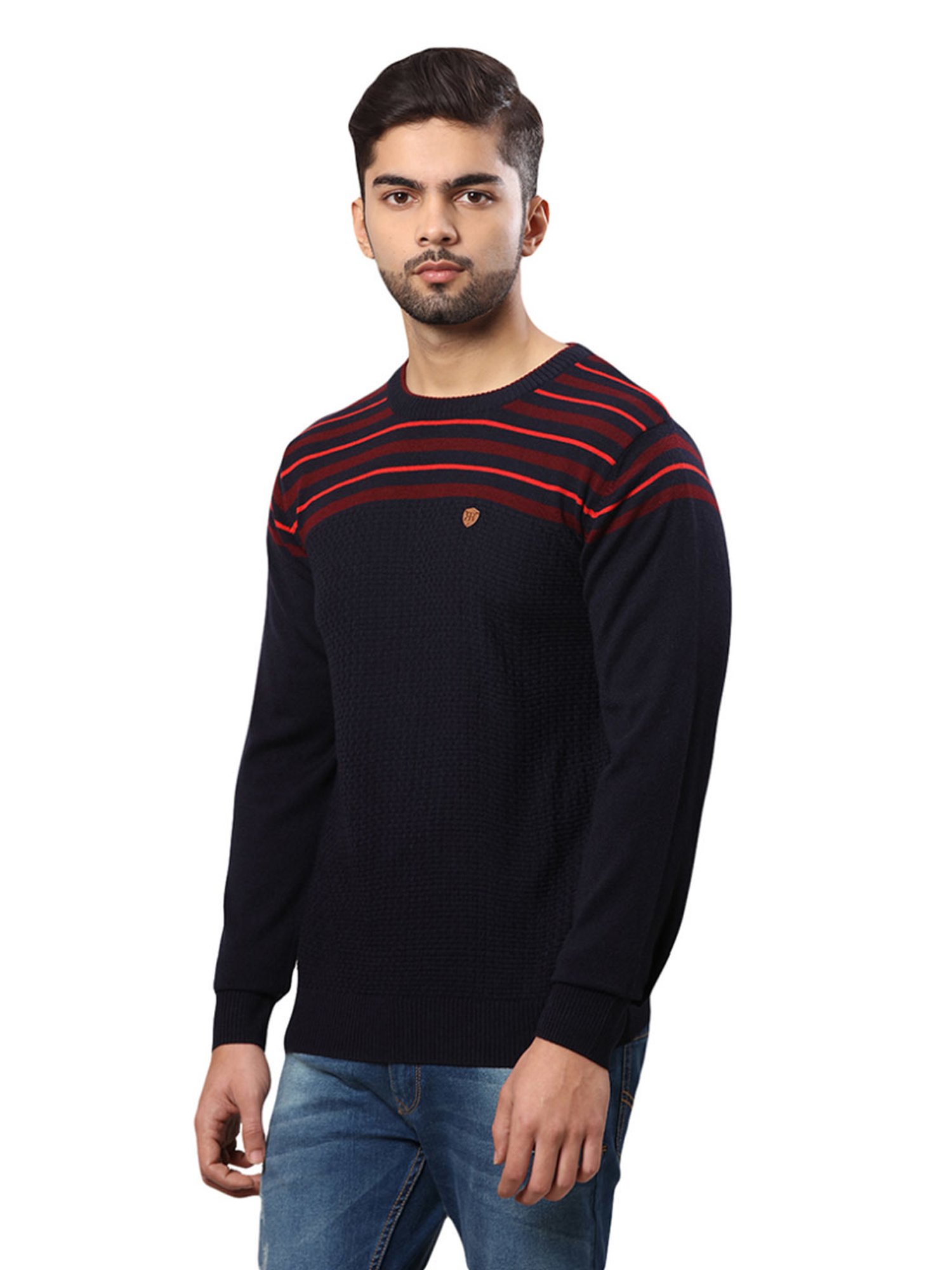 Raymond Black & Red Regular Fit Striped Sweater