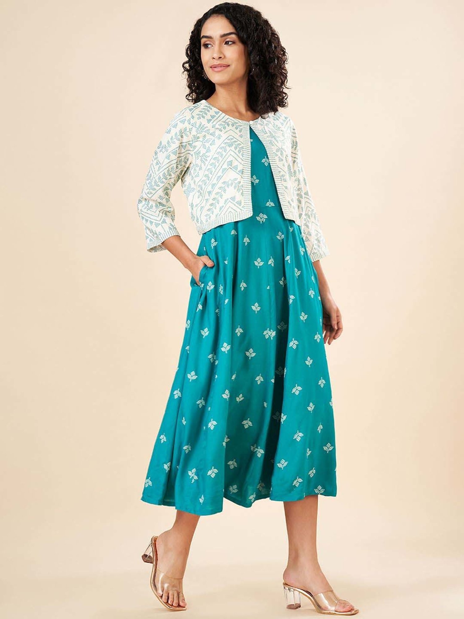 Rangmanch by Pantaloons Blue Printed A-Line Dress With Jacket