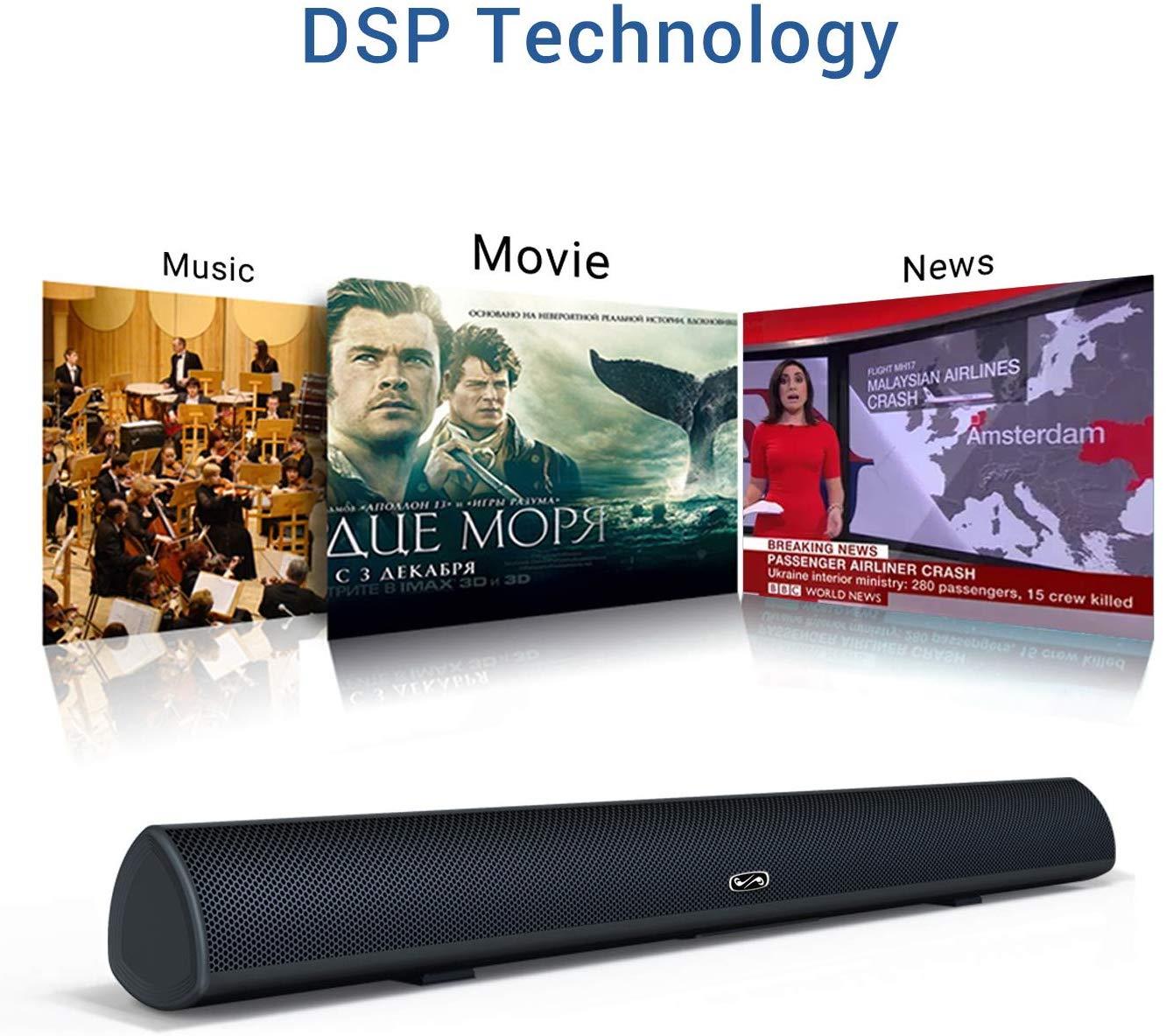 Sound bar, BYL Soundbar Wired and Wireless Bluetooth 5.0 Speaker for TV (28 Inches, Optical Cable Included, DSP, Bass Adjustable, Wall Mountable)