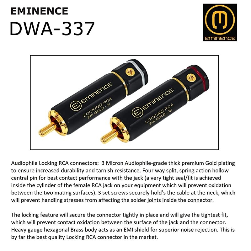 1 Foot RCA Cable Pair Canare L4E6S Star Quad Audio Interconnect Cable with Premium Gold Plated Locking RCA Connectors Directional Custom Made by