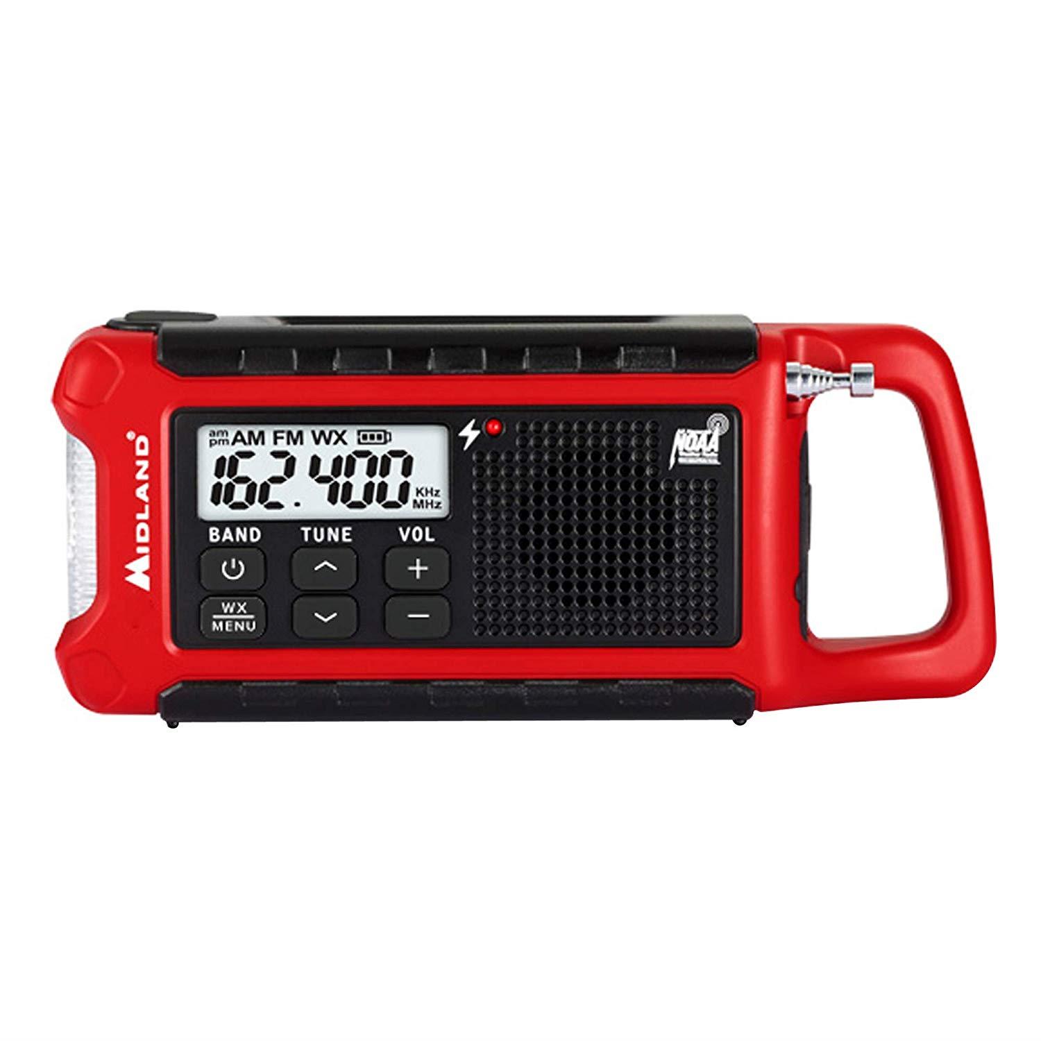 Midland - ER210, Emergency Compact Crank Weather AM/FM Radio - Multiple Power Sources, SOS Emergency Flashlight, NOAA Weather Scan + Alert, & Smartphone/Tablet Charger (Red/Black)