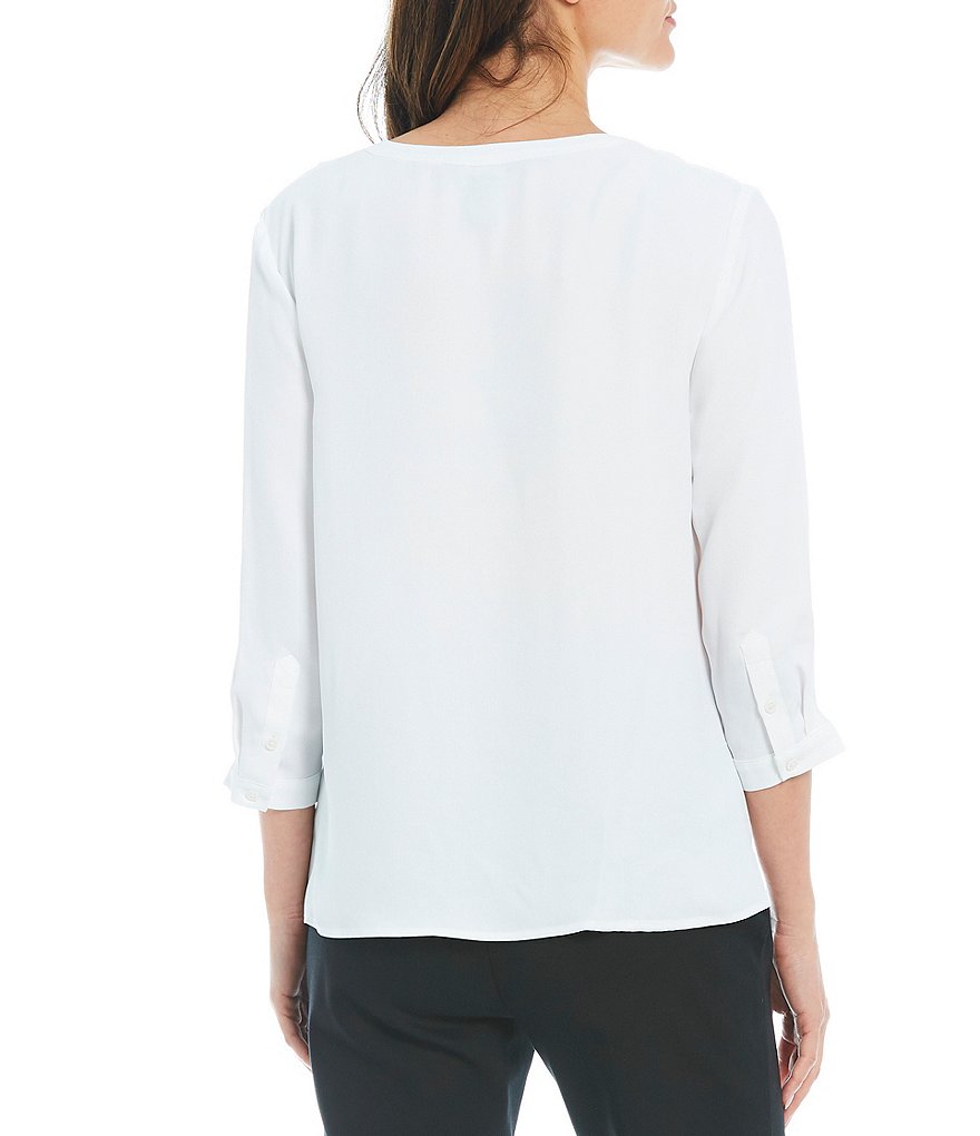 Ali Miles Petite Size Long Roll-Tab Sleeve Round V-Neck Pucker Knit Asymmetrical Tunic