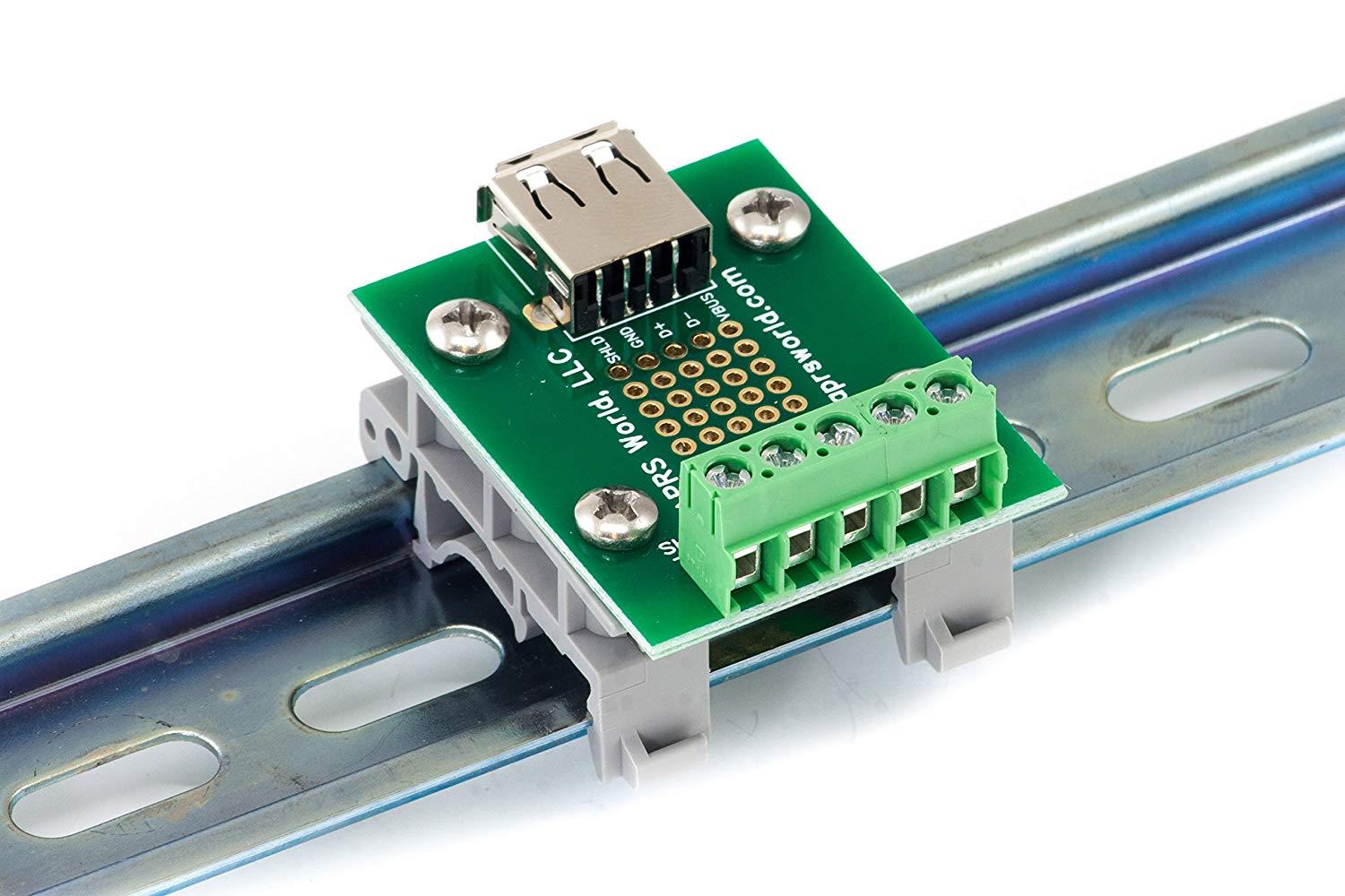 USB A Jack Breakout Board to Screw Terminals with DIN Rail Clips