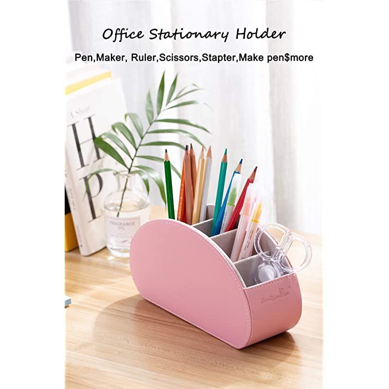 Control Holders Organizer Box, Makeup Brush Holder with Pink PU, Office Organization and Storage Caddy Store Tv Holders,Brush,Pencil,Glasses and Media Player (Pink)