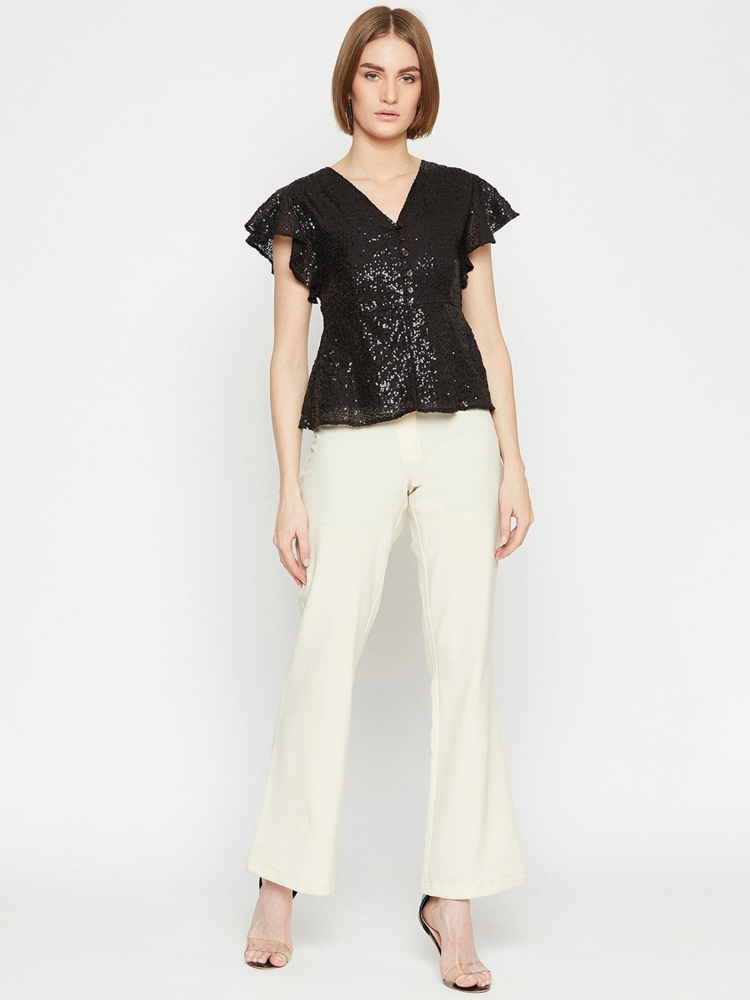 Marie Claire Black Embellished Peplum Top