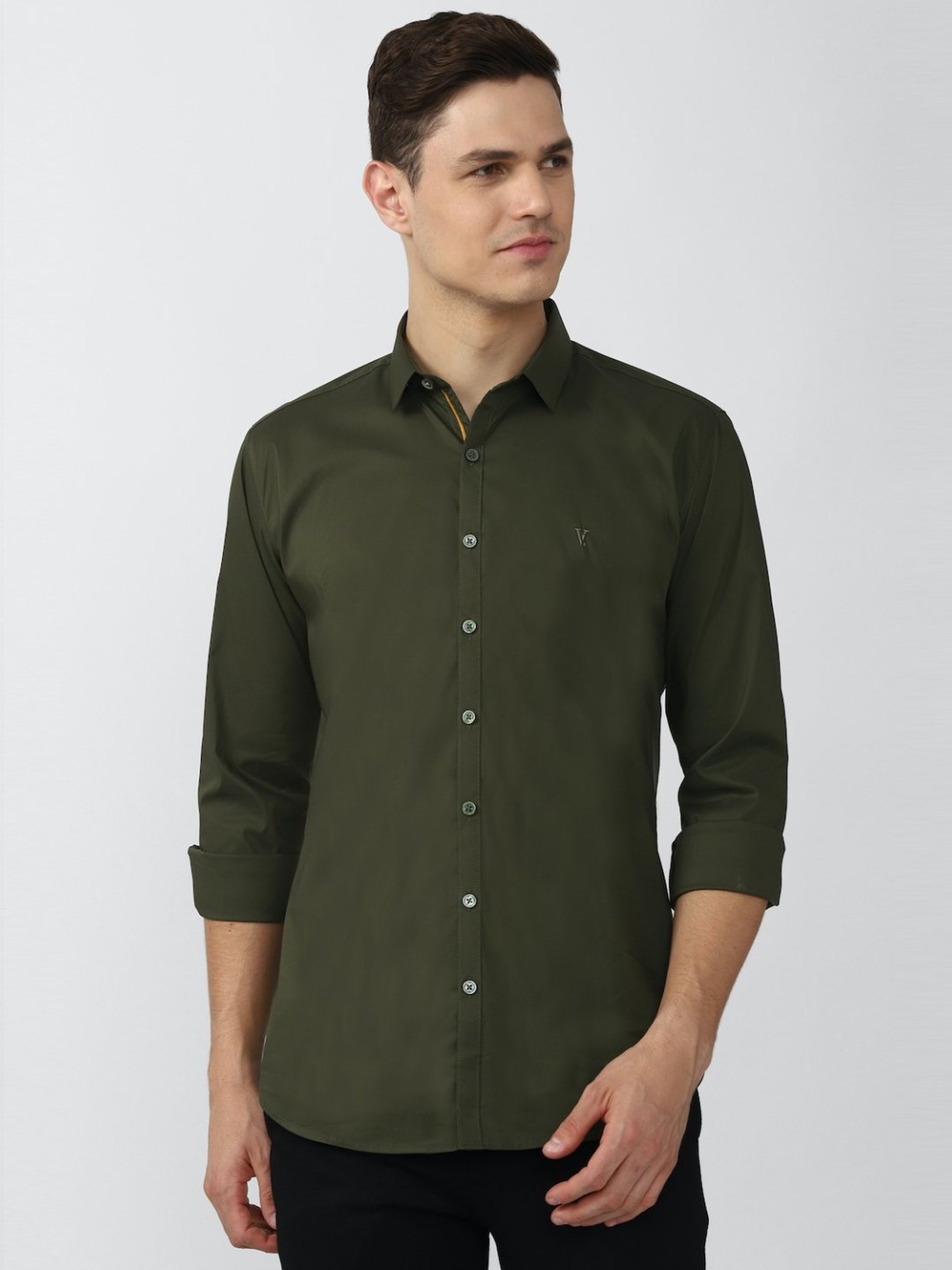 V Dot Green Cotton Skinny Fit Shirt