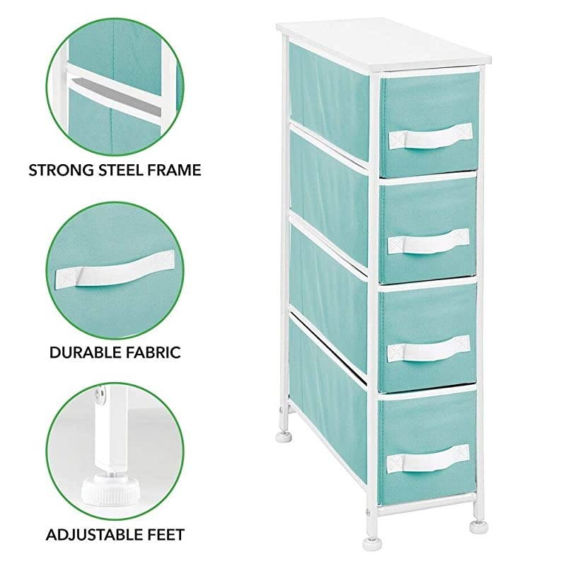 Narrow Vertical Dresser Storage Tower - Sturdy Metal Frame, Wood Top, Easy Pull Fabric Bins - Organizer Unit for Bedroom, Hallway, Entryway, Closet, 4 Drawers - Turquoise/White