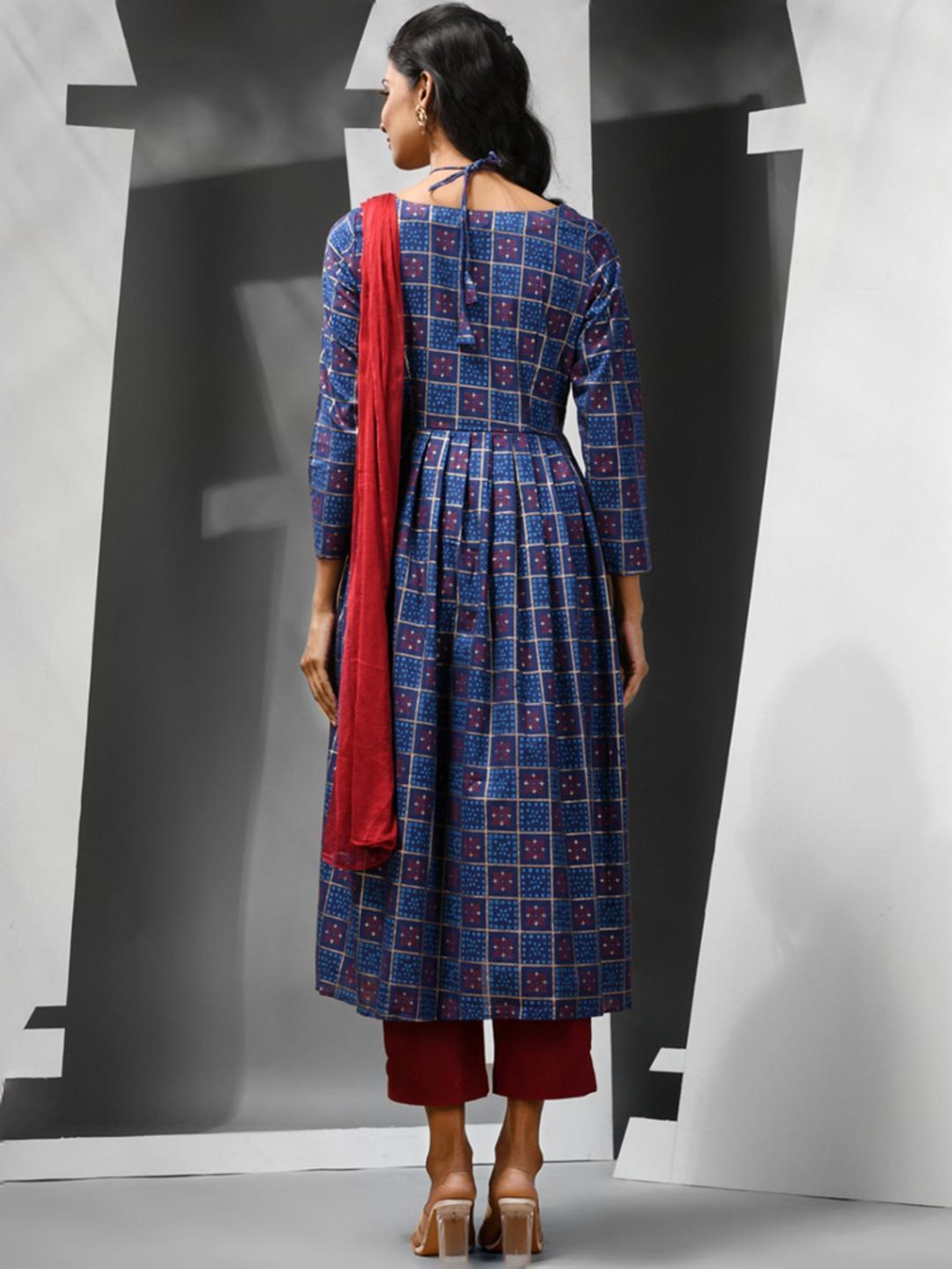 Charukriti Blue & Red Cotton Printed Kurta Pant Set With Dupatta