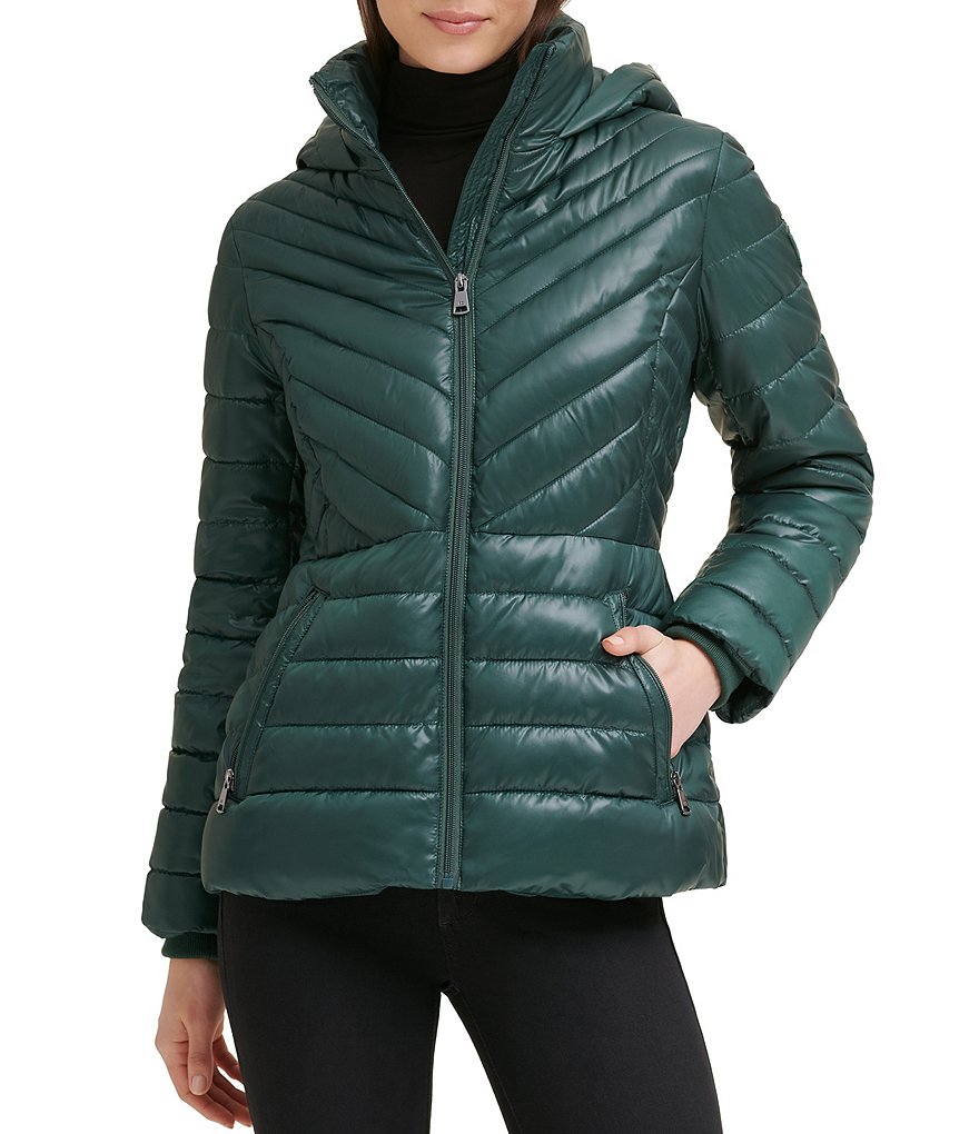 Kenneth Cole New York Short Water-Resistant Stand Collar Hooded Long Sleeve Chevron Puffer Jacket