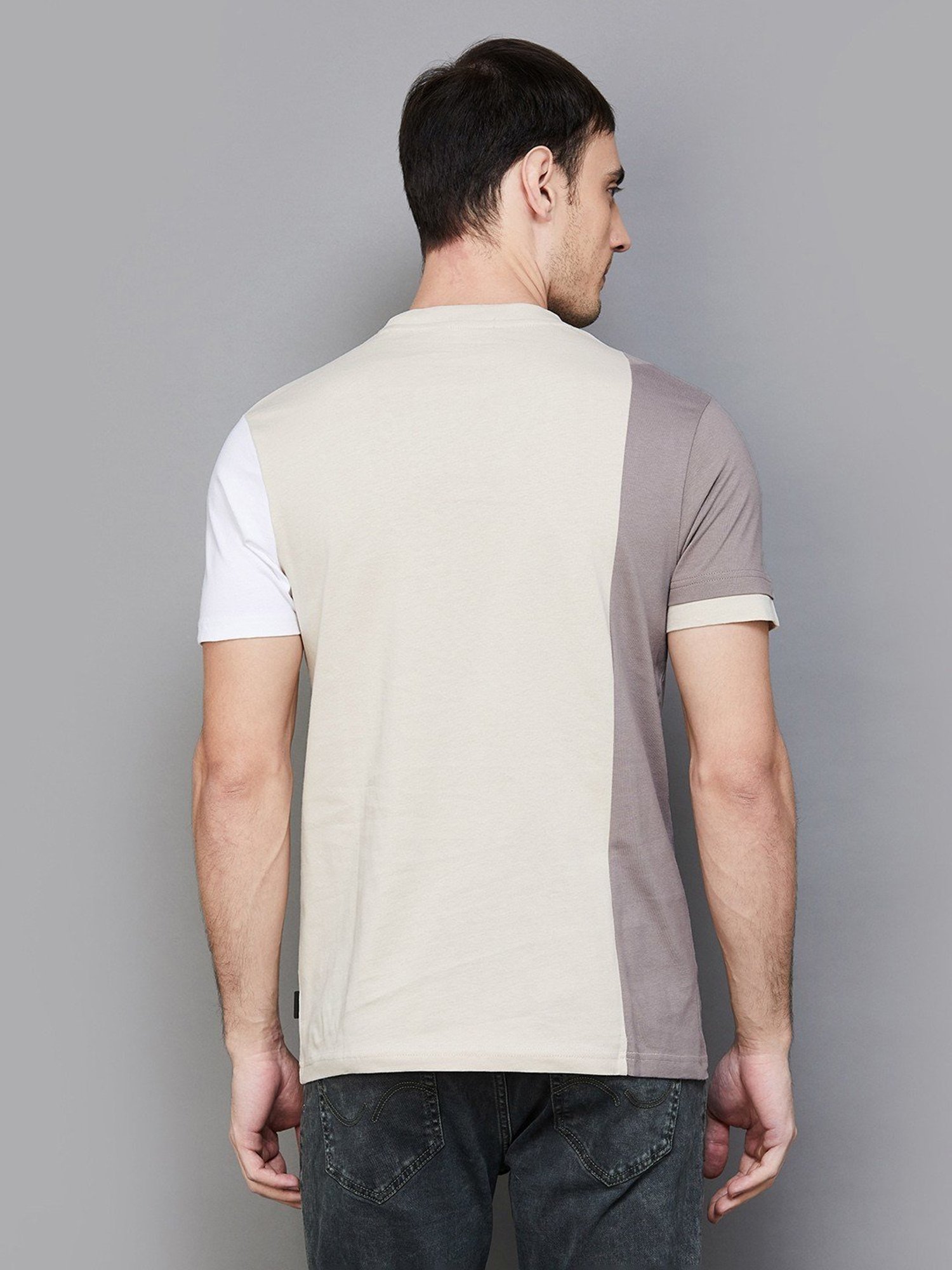 BOSSINI Beige Cotton Regular Fit Colour Block T-Shirt