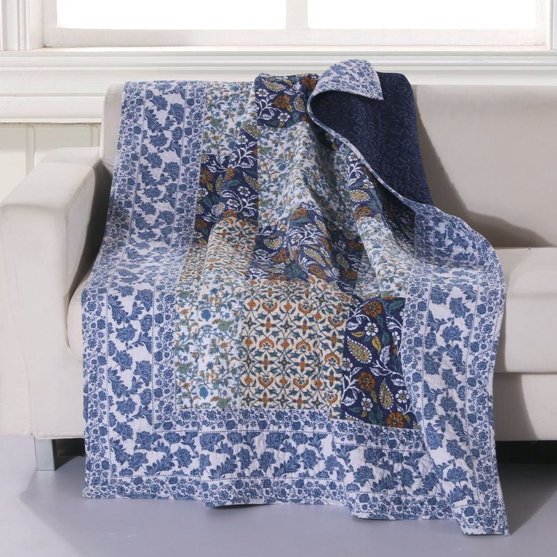 Greenland Home Fashion Pandora Geometric Floral & Paisley Motifs Accessory Quilted Throw Blanket - (50"x60") in Blue Color