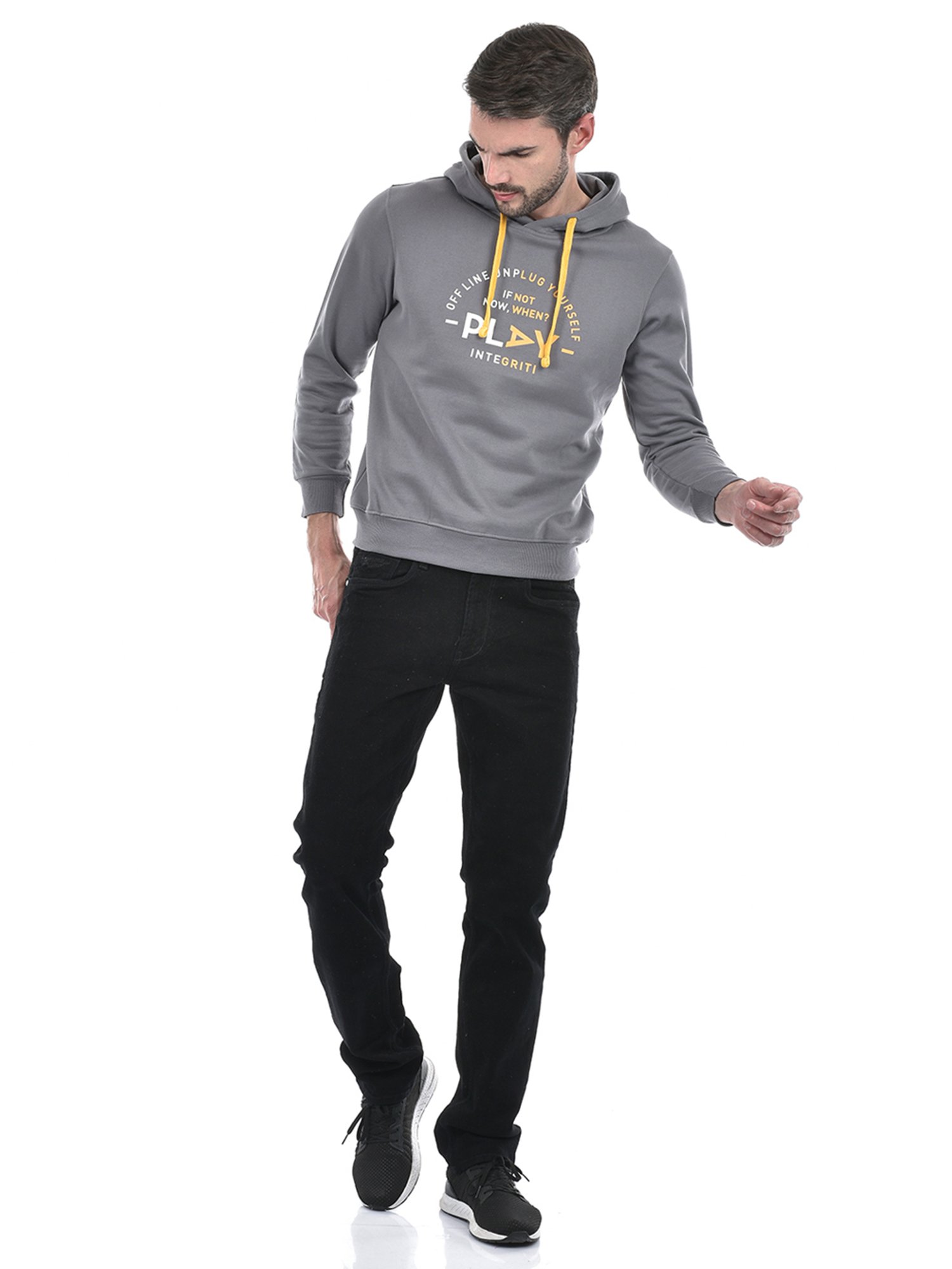 Integriti Grey Regular Fit Printed Hooded Sweatshirt